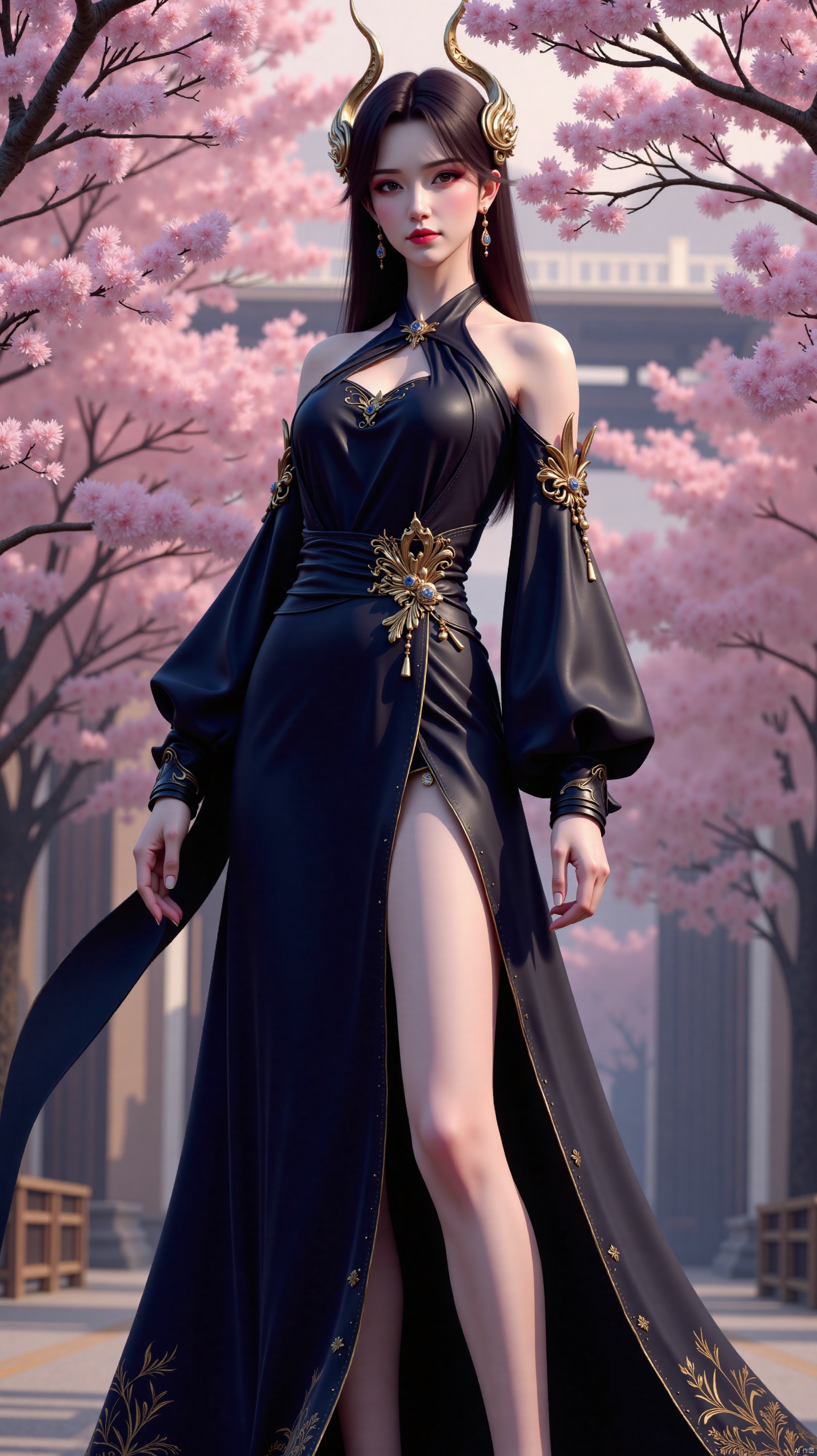 The image is a digital illustration of a young woman standing in front of a tree with pink cherry blossom trees. She is wearing a long, flowing black dress with gold accents and a high slit on the side. The dress has a high neckline and long sleeves, and the skirt is flowing in the wind. The woman has long dark hair styled in loose waves and is wearing gold horns on her head. She has a serious expression on her face and is looking directly at the camera. The background is blurred, but it appears to be a cityscape with tall buildings and a gate. The overall mood of the image is mystical and mystical.