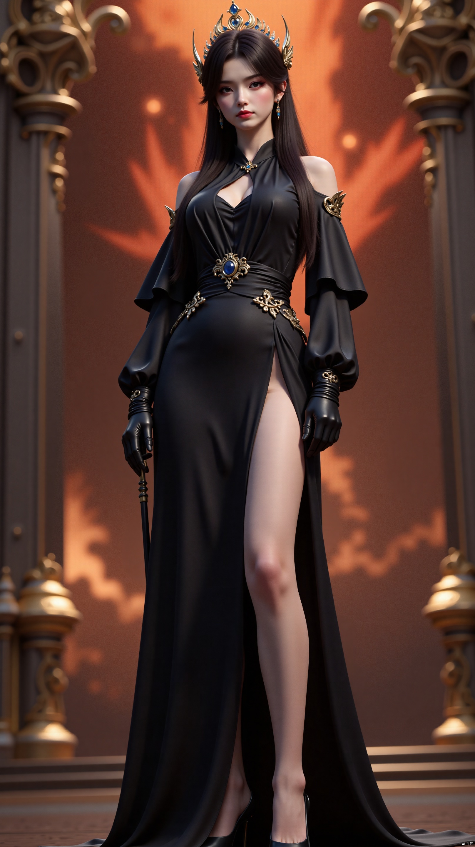 The image shows a young woman standing in a grand room with ornate decorations and a fiery background. She is wearing a long black dress with a high slit on the side, revealing her legs. The dress has a high neckline and long sleeves, and is cinched at the waist with a gold belt. The woman has long dark hair styled in loose waves and is wearing black gloves and high heels. She has a crown on her head and is holding a sword in her right hand. The overall mood of the image is dramatic and powerful.
