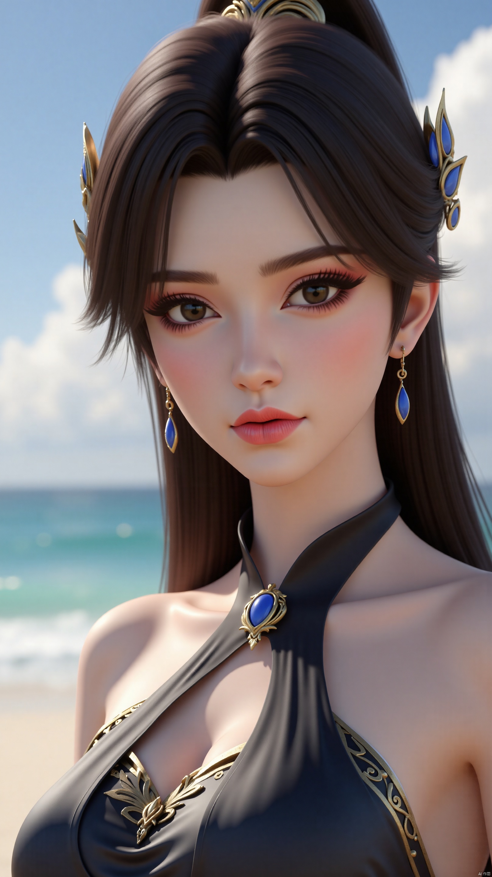 The image is a close-up portrait of a young woman with long dark hair styled in a high ponytail. She is wearing a black and gold outfit with a blue and gold necklace and earrings. The woman is standing on a sandy beach with the ocean in the background. She has a serious expression on her face and is looking directly at the camera. The image appears to be a 3D rendering, giving it a realistic and animated feel.