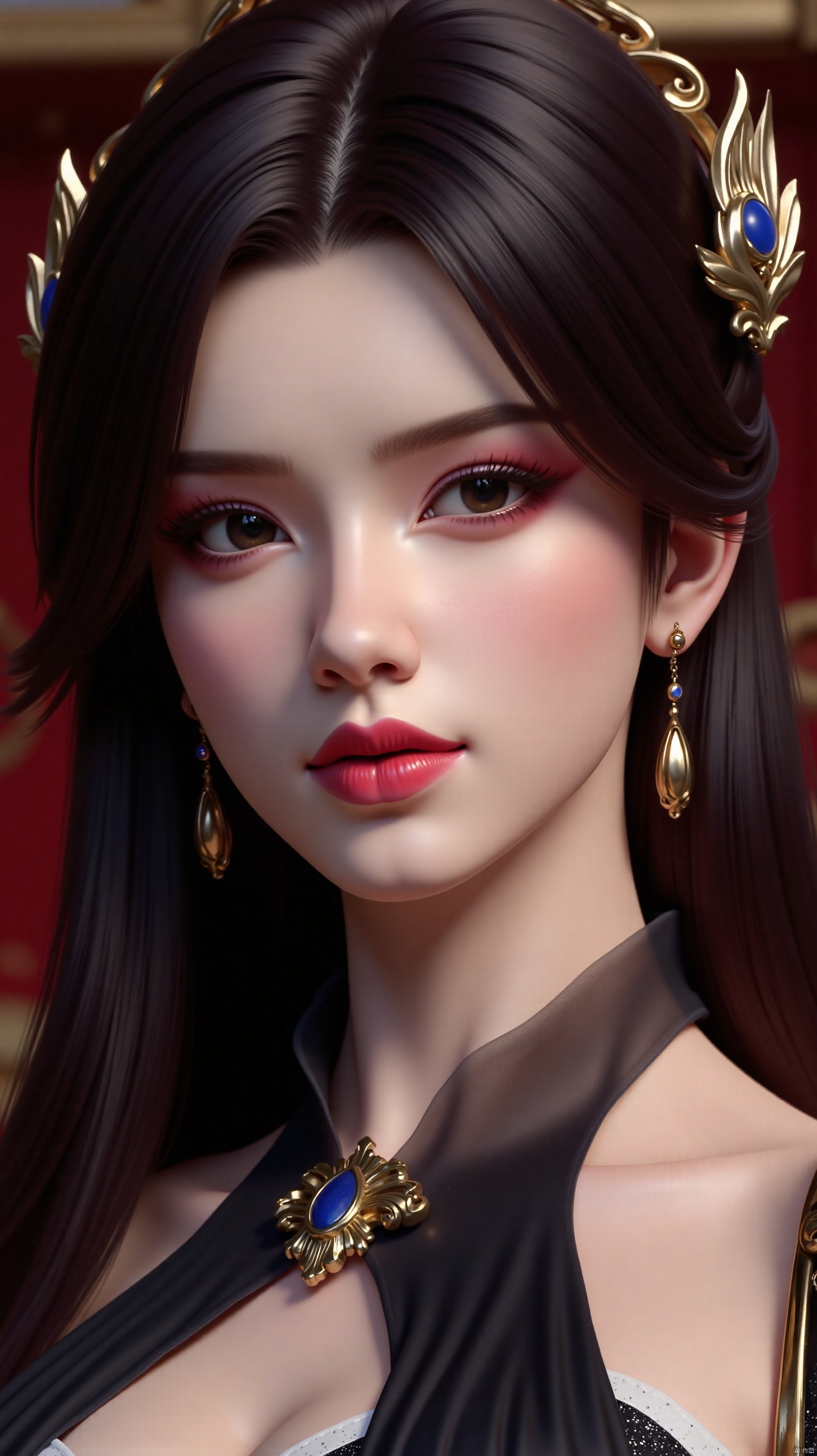 The image is a close-up portrait of a young woman with dark hair and a crown on her head. She has a serious expression on her face and is looking directly at the camera. Her hair is styled in loose waves and falls over her shoulders. She is wearing a black and gold outfit with a high neckline and long sleeves. The outfit appears to be made of a metallic material and has intricate details on the shoulders and neckline. The background is blurred, but it seems to be an indoor setting with a red and gold color scheme. The overall mood of the image is regal and majestic.