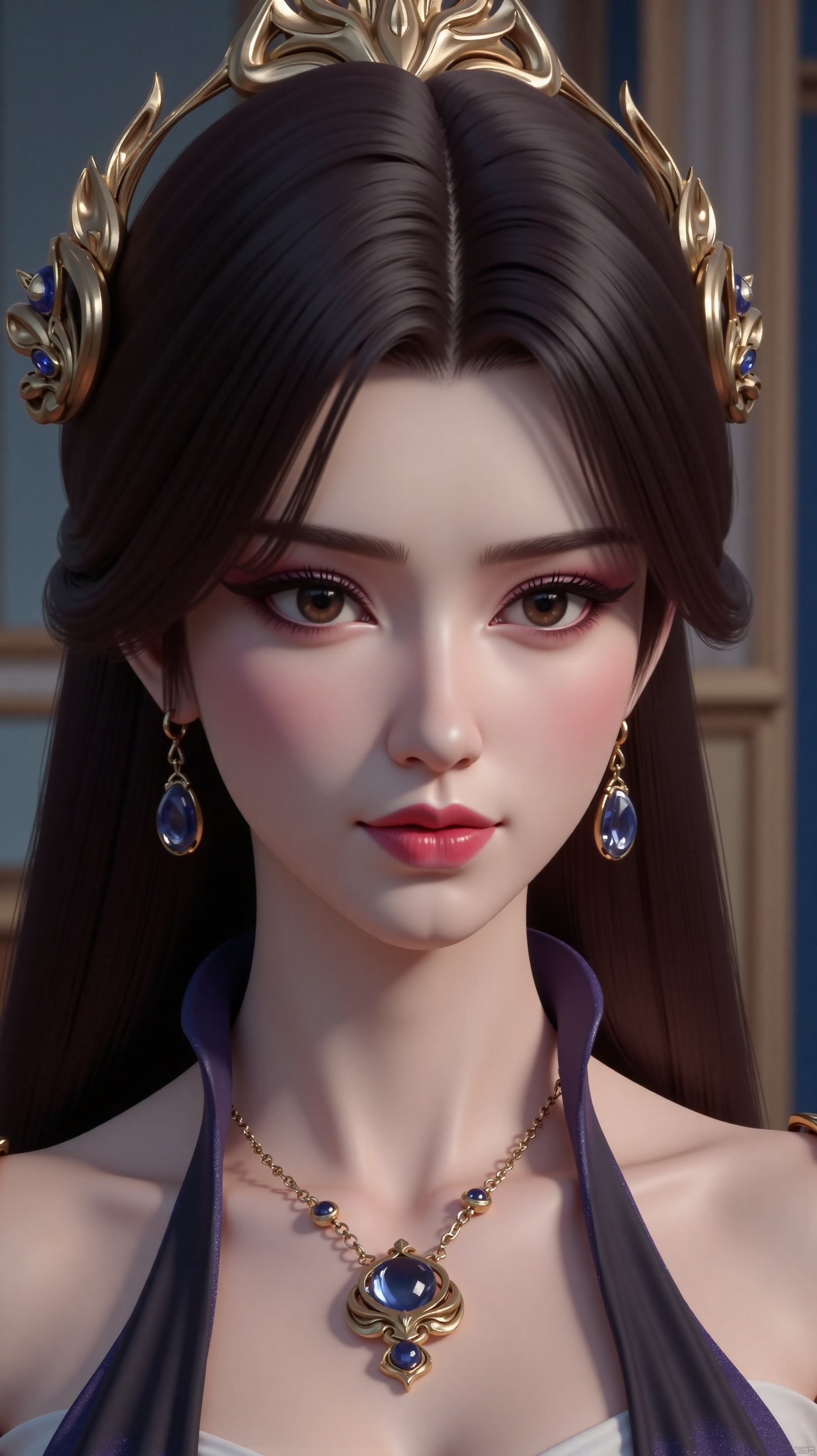 The image is a close-up portrait of a young woman with long dark hair and a gold headpiece on her forehead. She is wearing a purple and white outfit with a gold necklace and earrings. The background is blurred, but it appears to be a room with a blue and gold color scheme. The woman has a serious expression on her face and is looking directly at the camera. Her hair is styled in loose waves and falls over her shoulders. The overall mood of the image is regal and luxurious.