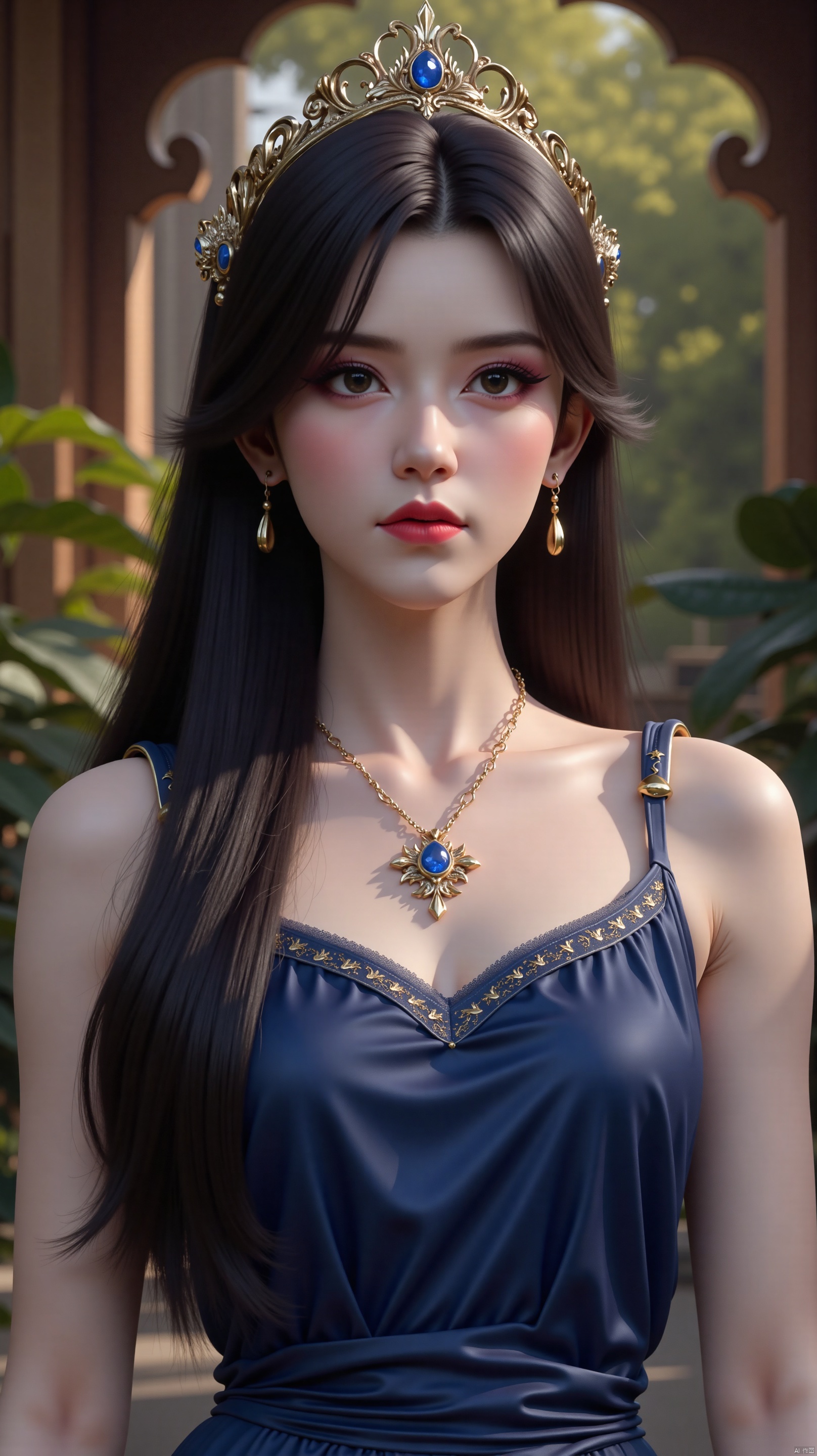 The image is a portrait of a young woman with long dark hair and red lipstick. She is wearing a blue dress with a gold necklace and a tiara on her head. The tiara is made of gold and has intricate designs on it. The woman is standing in front of a wooden archway with plants and trees in the background. She has a serious expression on her face and is looking off to the side. The overall mood of the image is elegant and regal.