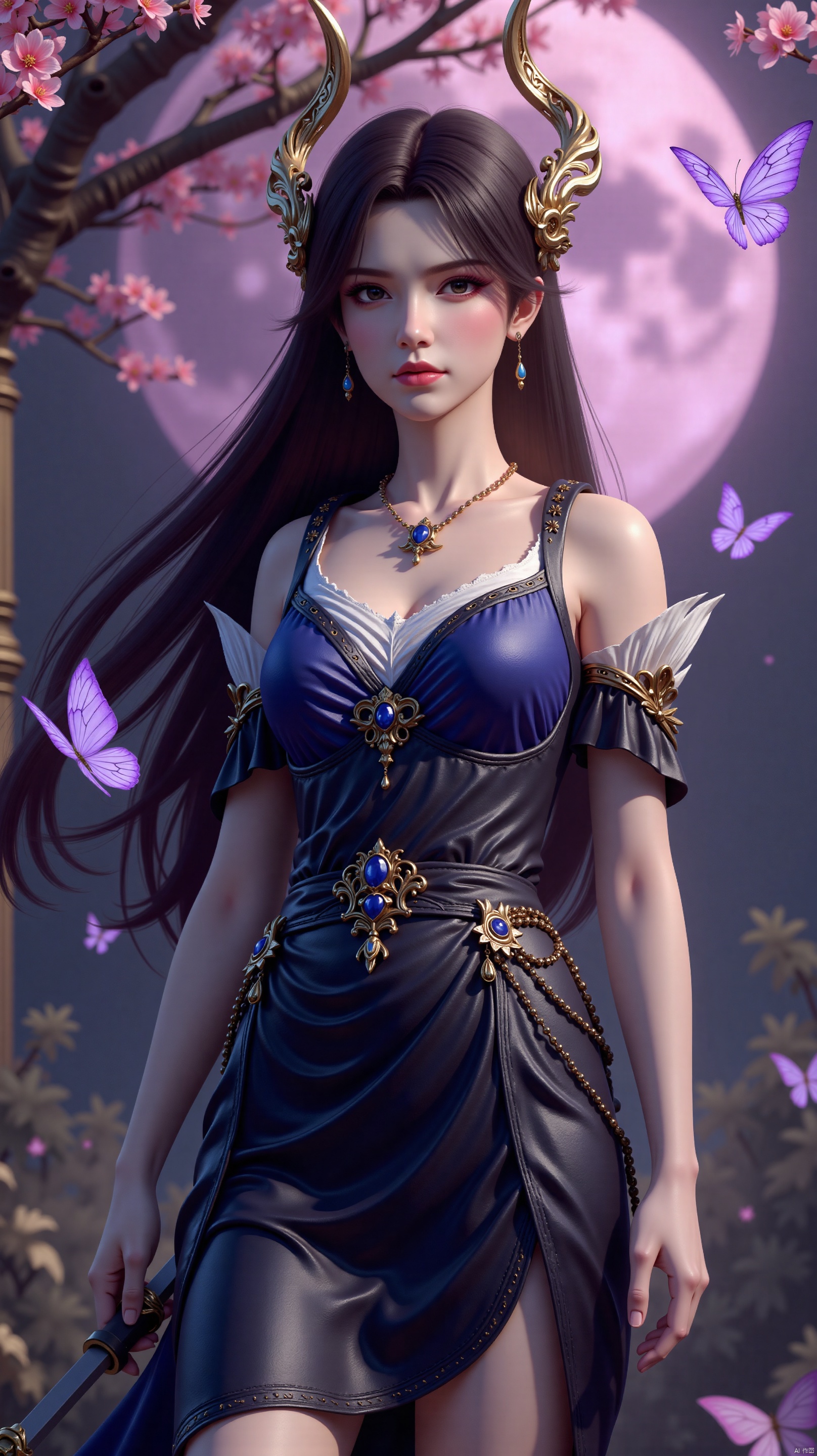 The image is a digital illustration of a young woman with long dark hair and horns on her head. She is standing in front of a tree with pink flowers and a full moon in the background. The woman is wearing a blue and black dress with gold accents and a gold necklace. She has a serious expression on her face and is holding a sword in her right hand. There are also several purple butterflies flying around her. The overall mood of the image is mystical and mystical.