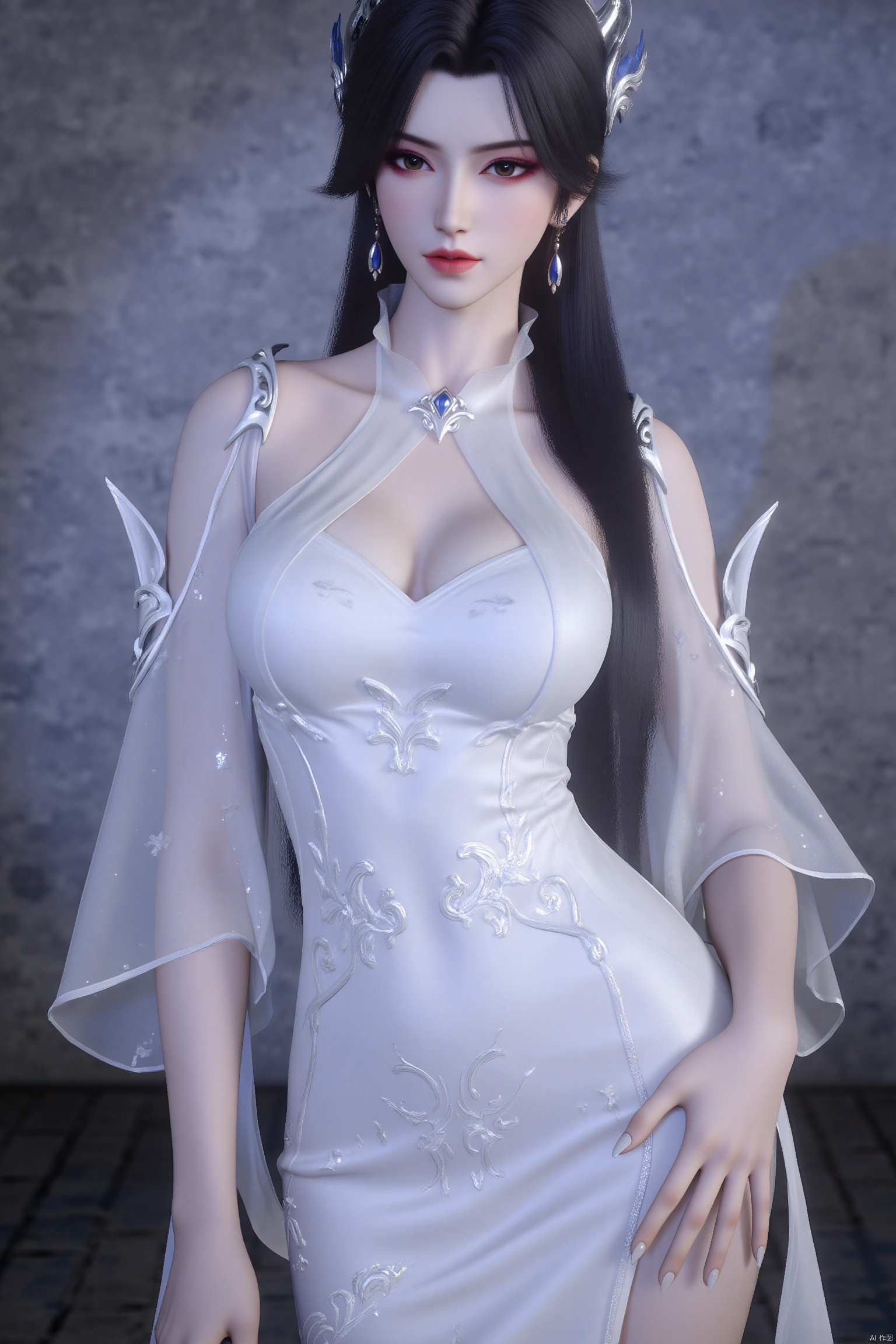 (huge breasts :1.8,breasts,big breasts). (navel:1.8,midriff,clothes cutout), stomach,expose the abdomen and navel.
The girl tore open her clothes, revealing her cleavage,glowing body.Thick thighs,long legs, 
cheongsam,beauty girl,The white dress leaked big snow-white breasts,masterpiece,oval face,print_cheongsam,zhanghanyun,shiny  black pantyhose,c-hd
