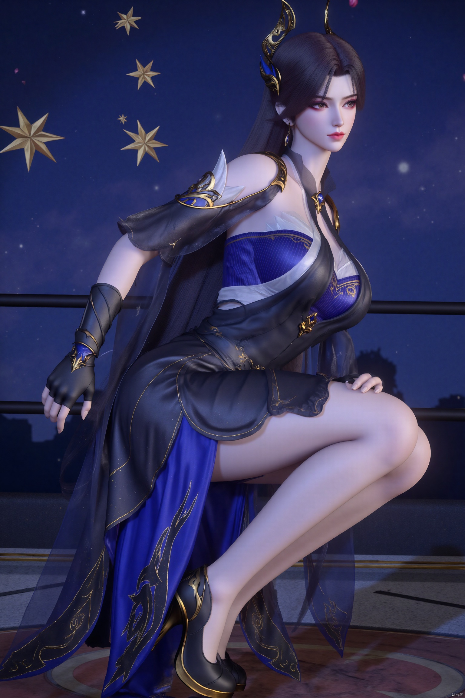 a medium-sized animated female figure stands. She is dressed in a black and blue outfit,
adorned with gold accents. Her hair is adorned with black crowns,
adding a touch of sparkle to her outfit. She's dressed in black leather gloves,
a black scarf,and a blue skirt adorned with a white emblem on the left side of her waist. Her feet are encased in black high-heeled shoes. 
(focus on ass:1.8,big ass,bent over:1.8),looking back,(((from behind:1.8))),Expose your back, don't wear clothes on your back.sitting on Bar lobby.squatting,
Against a celestial canvas of deep blue sky and radiant yellow-white stars, a mystical maiden stands out.
1 girl,(clothes cutout), earrings,eyelashes,a charming face,glowing lips,clavicle,shoulder exposure,floating petals,dreamy and beautiful, gold bikini, jpe-hd,
The woman's face is adorned with purple eyes,Her hair cascades over her shoulders, adorned with a tiara.
solo, long hair, looking at viewer, hair ornament,  bare shoulders,cy-hd,c-hd
