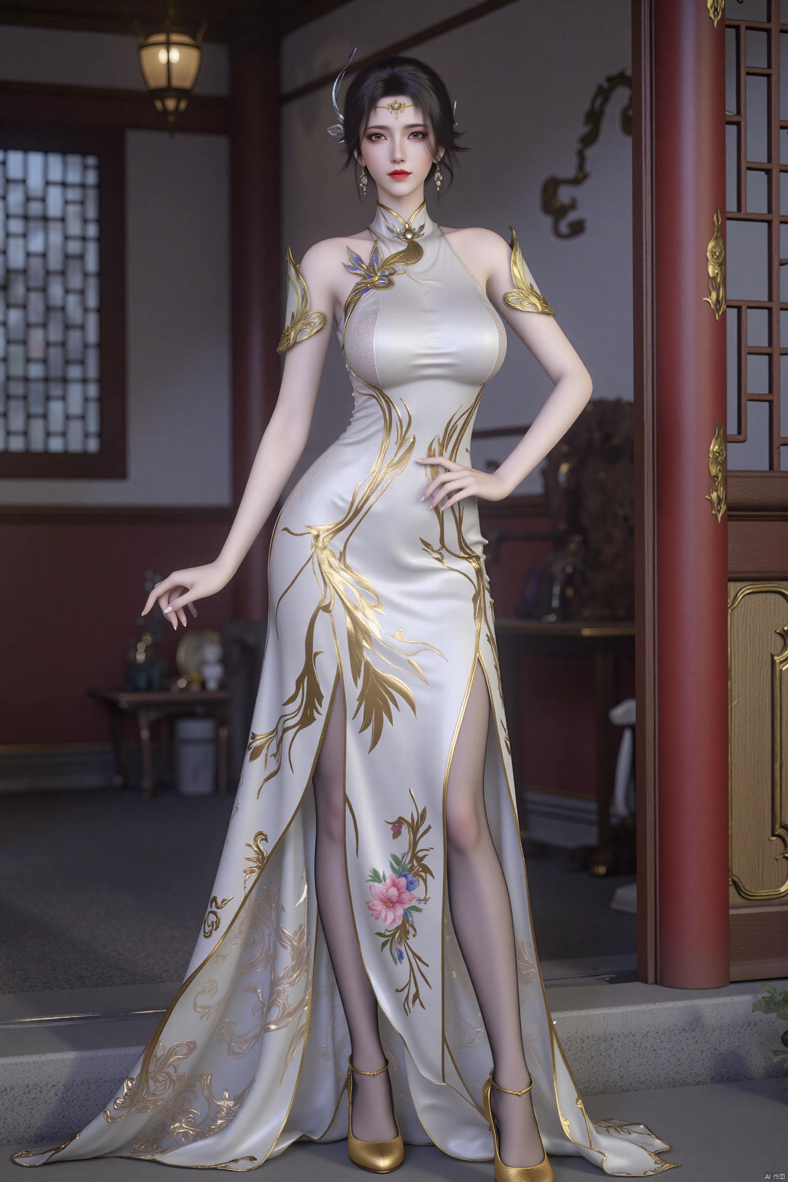 cheongsam,beauty girl,The suit leaked big snow-white breasts,masterpiece,oval face,print_cheongsam,zhanghanyun,shiny pantyhose,c-hd