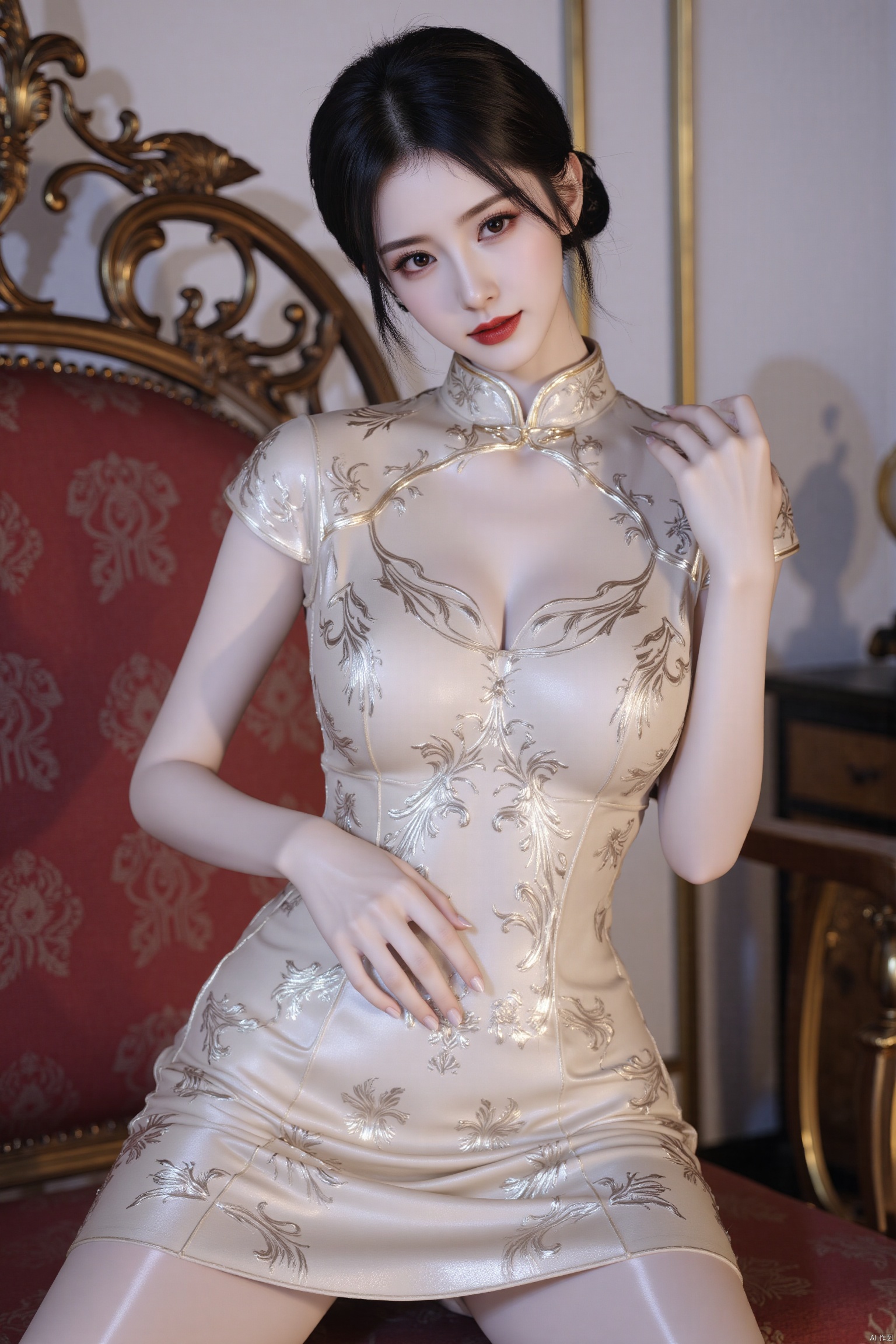 cheongsam,beauty girl,The suit leaked big snow-white breasts,masterpiece,oval face,print_cheongsam,zhanghanyun,shiny pantyhose,c-hd