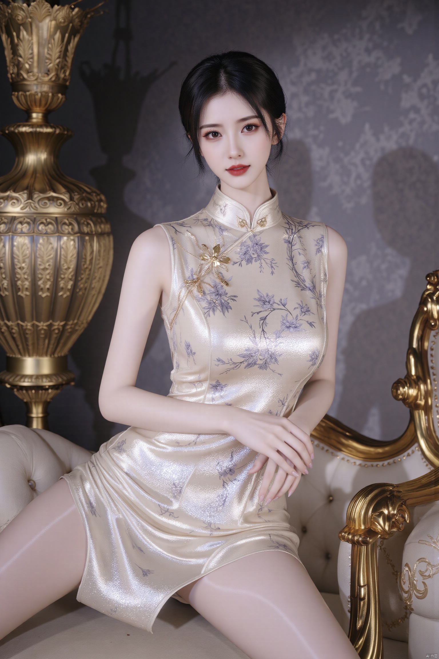 cheongsam,beauty girl,The suit leaked big snow-white breasts,masterpiece,oval face,print_cheongsam,zhanghanyun,shiny pantyhose,c-hd