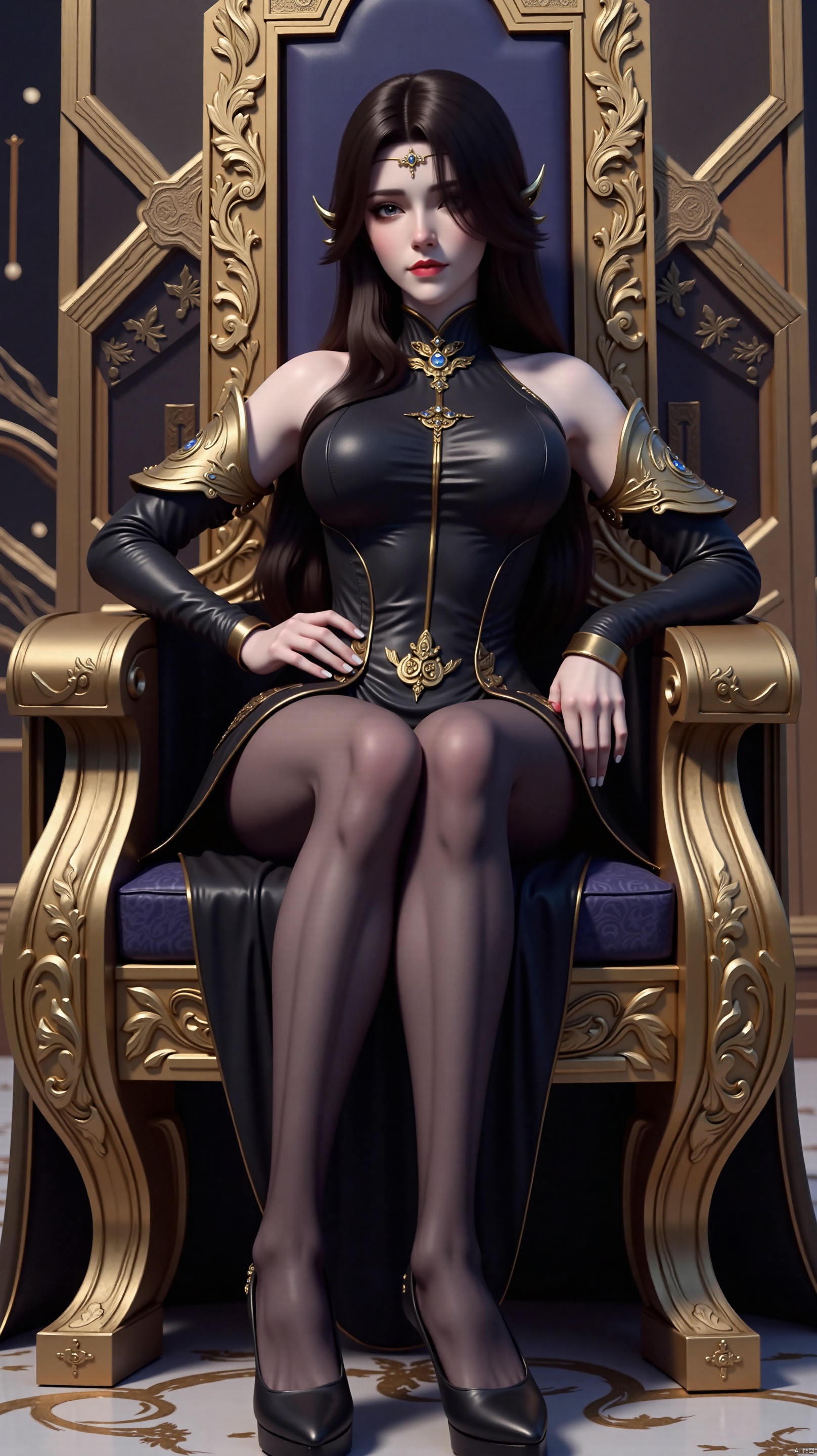 The image shows a young woman sitting on a throne-like chair in a luxurious room with ornate decorations. She is wearing a black and gold outfit with a high neckline and long sleeves. The outfit has a high collar and is cinched at the waist with a gold belt. She has long dark hair styled in loose waves and is wearing black tights and high heels. The woman is posing with one hand on her hip and the other resting on the armrest of the chair. The background is filled with intricate gold and blue patterns and designs on the walls and ceiling. The overall mood of the image is regal and elegant.