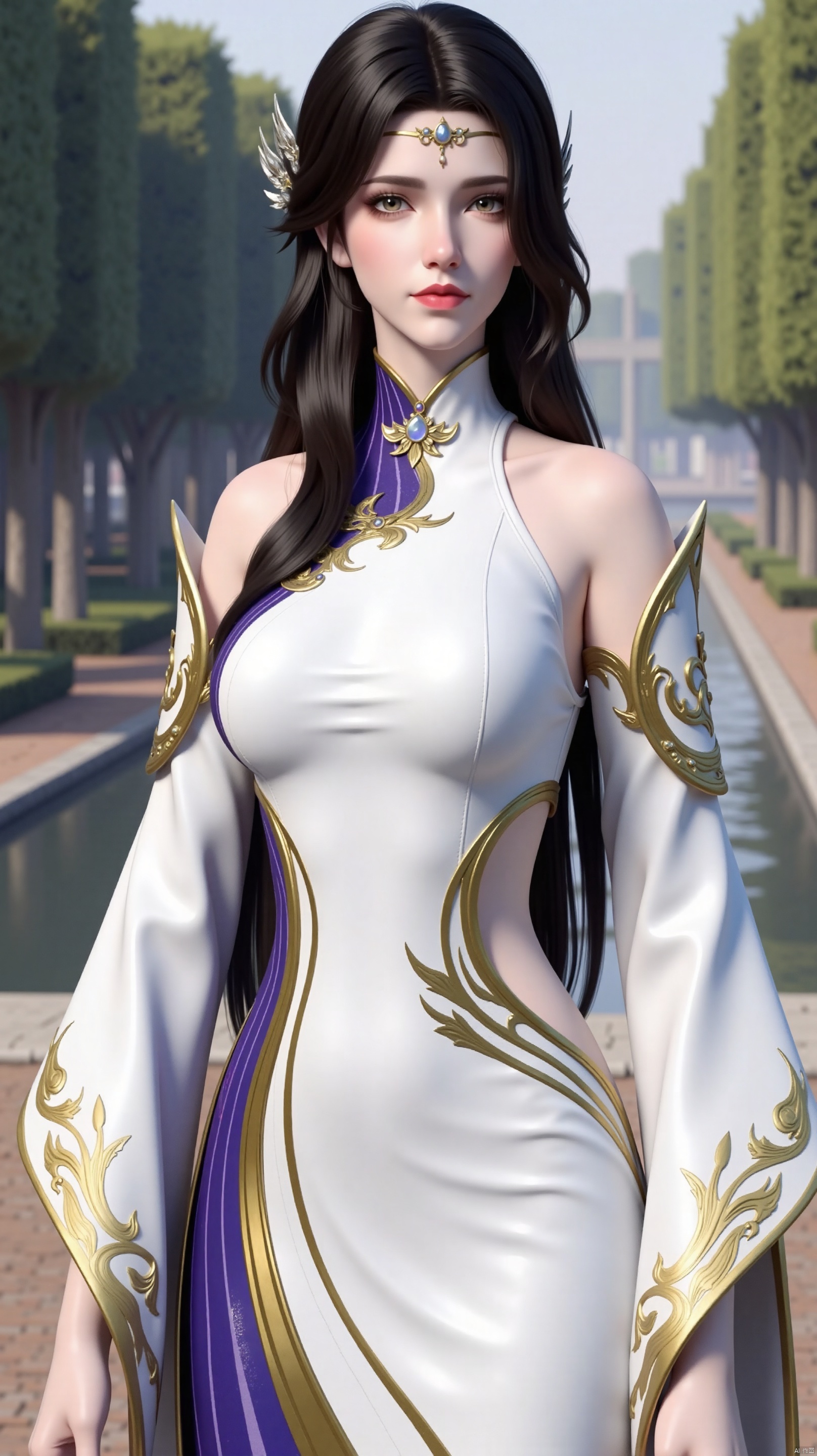 The image is a digital illustration of a young woman with long dark hair and a crown on her head. She is standing in a park-like setting with trees and a fountain in the background. The woman is wearing a long, flowing white dress with gold accents and a purple skirt. The dress has a high neckline and long sleeves, and the skirt is cinched at the waist with a gold belt. She has a pair of gold earrings on her left ear and a gold necklace on her right ear. Her hair is styled in loose waves and she is looking off to the side with a serious expression on her face. The overall mood of the image is elegant and regal.