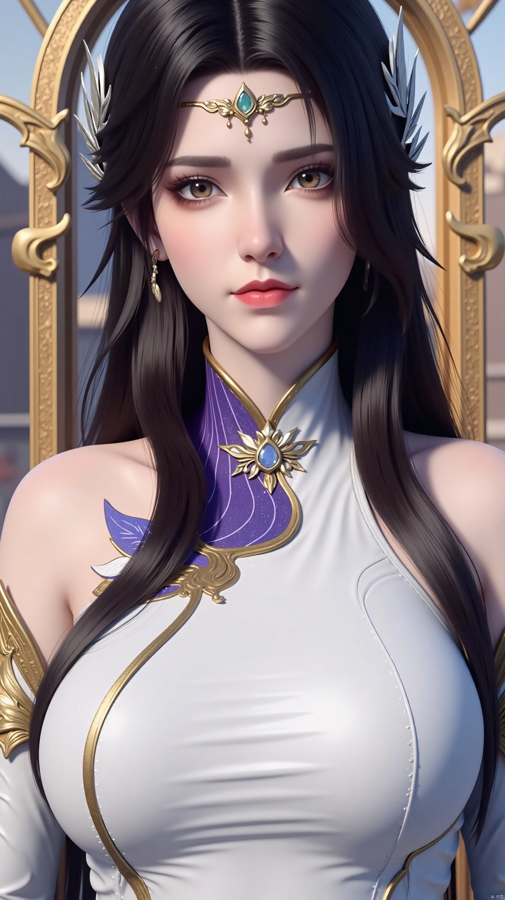 The image is a portrait of a young woman with long dark hair and a crown on her head. She is wearing a white and purple outfit with gold accents. The outfit has a high neckline and long sleeves with gold detailing. The woman is standing in front of a golden archway with intricate designs and patterns. She has a serious expression on her face and is looking directly at the camera. The background appears to be a cityscape with buildings and a blue sky. The overall mood of the image is regal and majestic.