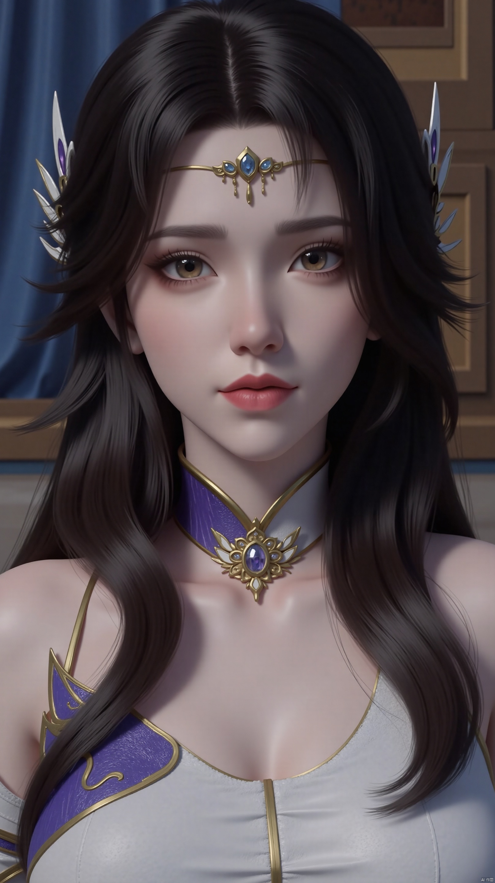 The image is a close-up portrait of a young woman with long dark hair. She is wearing a white and purple outfit with a gold necklace and earrings. The woman has a serious expression on her face and is looking directly at the camera. Her hair is styled in loose waves and falls over her shoulders. The background is blurred, but it appears to be a room with ornate decorations and a blue curtain. The overall mood of the image is dark and mysterious.