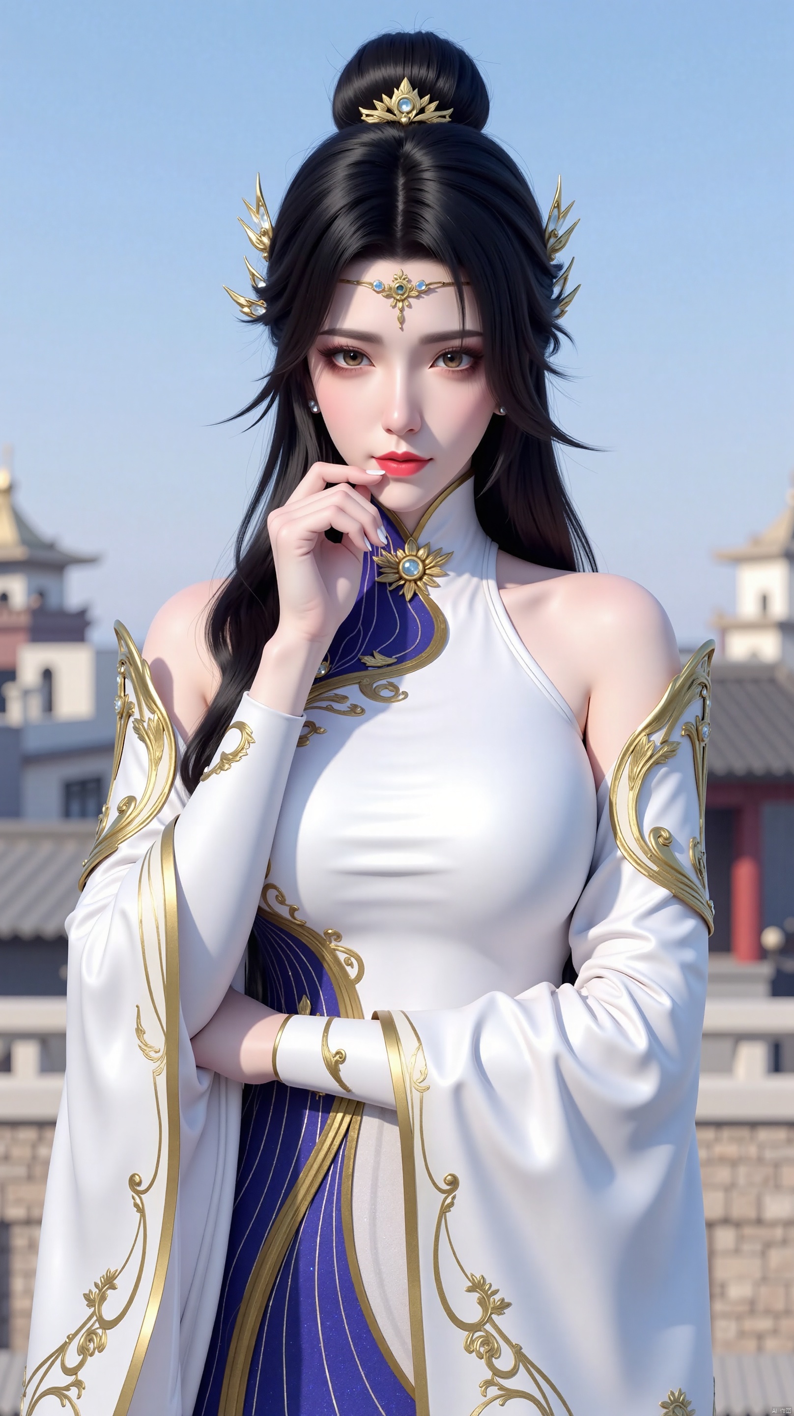 The image is a digital illustration of a young woman dressed in a traditional Chinese costume. She is standing on a rooftop with a clear blue sky in the background. The woman is wearing a white and blue dress with intricate gold embroidery on the bodice and sleeves. She has long black hair styled in a high ponytail with a gold headpiece on top. Her makeup is dramatic with dark eyeliner and red lipstick. She appears to be deep in thought, with her hand resting on her chin and a serious expression on her face. The overall mood of the image is elegant and regal.