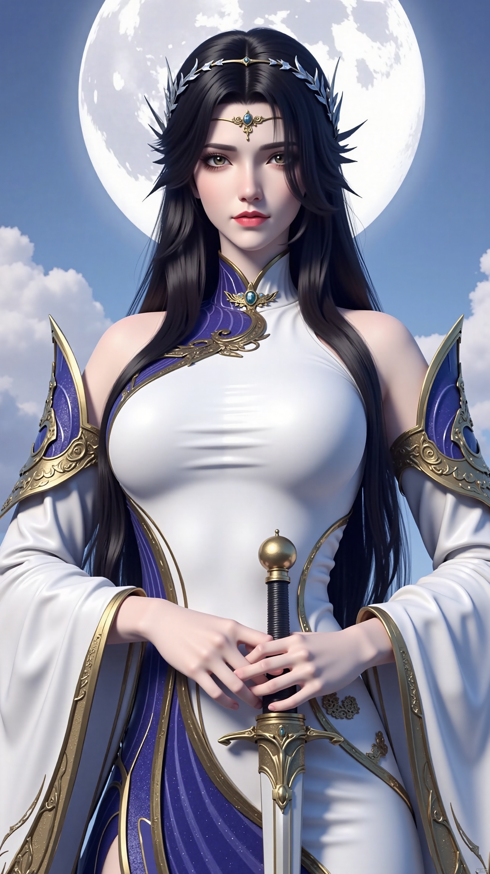The image is a digital illustration of a young woman with long dark hair and a crown of thorns on her head. She is wearing a white and blue outfit with gold accents. The outfit has a high neckline and long sleeves, and she is holding a sword in her right hand. The woman is standing in front of a full moon, with a blue sky and clouds in the background. She has a serious expression on her face and is looking directly at the camera. The overall mood of the image is mystical and powerful.