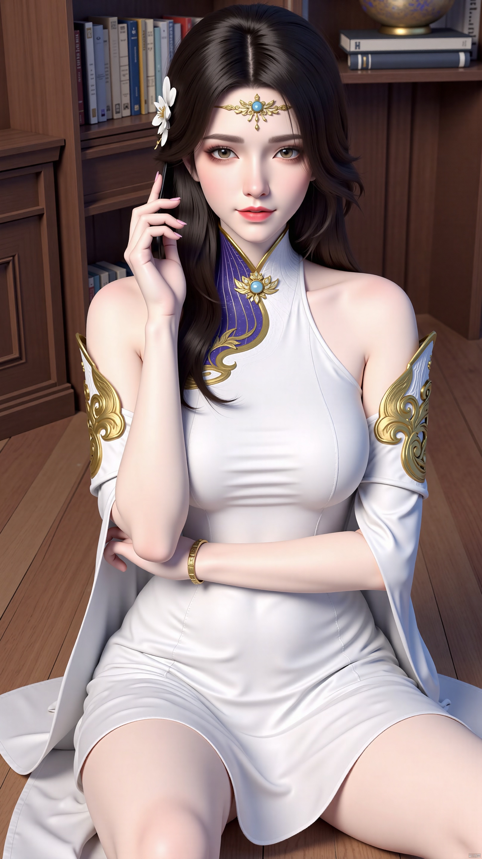 The image is a digital illustration of a young woman sitting on a wooden floor in a room with a bookshelf in the background. She is wearing a white dress with a blue and gold design on the neckline and sleeves. The dress has a high neckline with a halter neckline. The woman has long dark hair styled in loose waves and is wearing gold earrings and a headpiece with a flower design. She has a serious expression on her face and is holding a phone to her ear with one hand. The overall mood of the image is elegant and sophisticated.