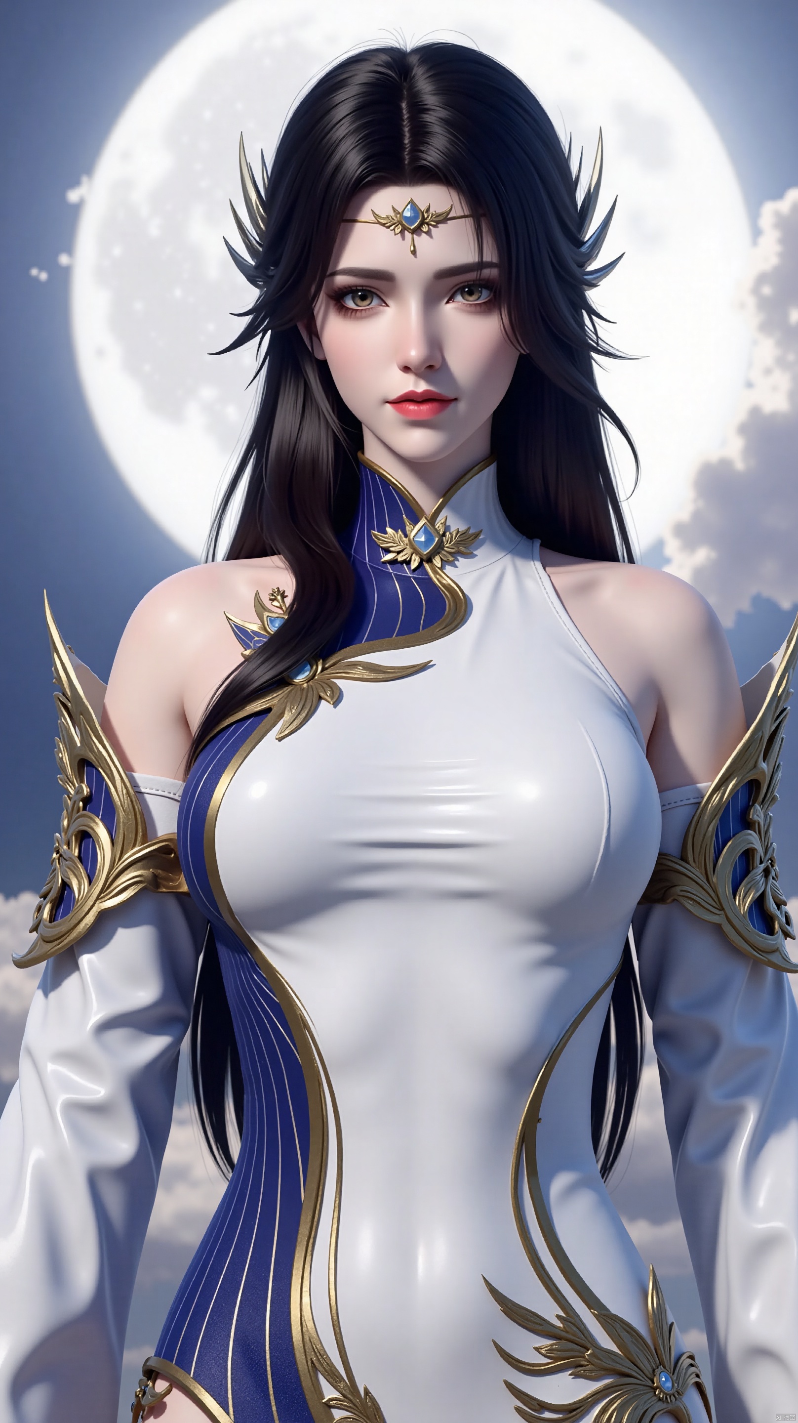 The image is a digital illustration of a young woman with long dark hair and a crown of thorns on her head. She is wearing a white and blue outfit with gold accents. The outfit has a high neckline and long sleeves, and she is holding a sword in her right hand. The woman is standing in front of a full moon, with a blue sky and clouds in the background. She has a serious expression on her face and is looking directly at the camera. The overall mood of the image is mystical and powerful.