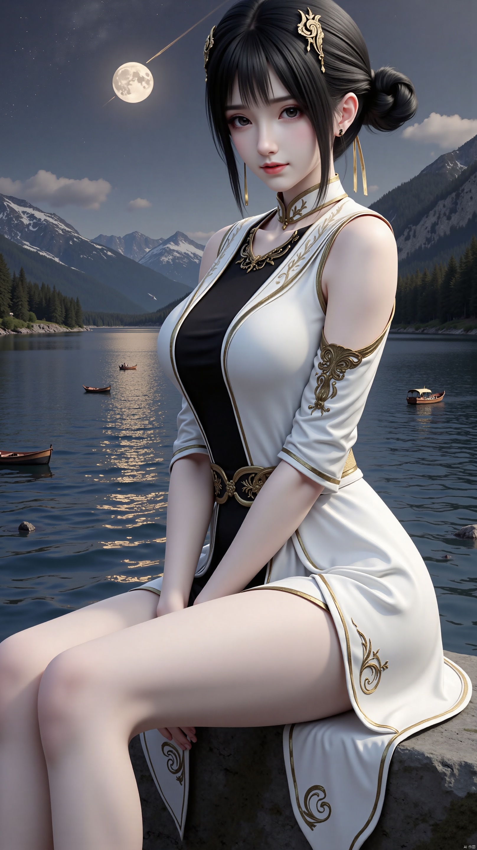 The image is a digital illustration of a young woman sitting on a rock by the water. She is wearing a white and black dress with gold accents and has long black hair styled in a high ponytail. The dress has a high neckline and long sleeves, and she is wearing gold earrings and a necklace. The woman is sitting with her legs crossed and her hands resting on her knees. She has a serious expression on her face and is looking off into the distance.

In the background, there is a beautiful landscape of a lake with mountains and a full moon in the sky. The lake is surrounded by trees and there are small boats floating on the water's surface. The sky is filled with stars and a shooting star is visible in the top left corner of the image. The overall mood of the illustration is peaceful and serene.