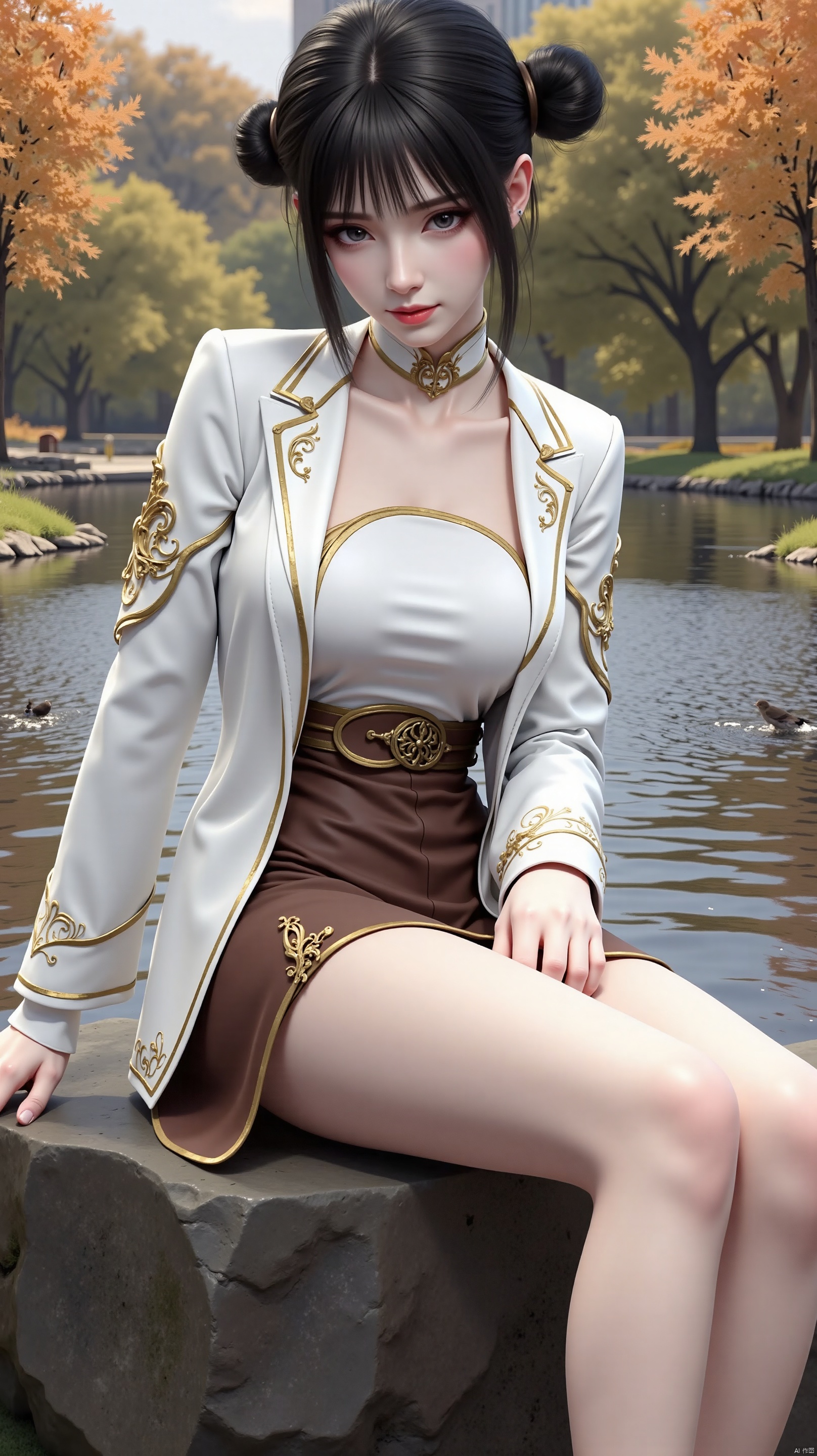 The image is a digital illustration of a young woman sitting on a rock by a pond. She is wearing a white jacket with gold accents and a brown dress with a gold belt. Her hair is styled in a high bun with bangs and she is looking off to the side with a serious expression on her face. The pond is surrounded by trees with orange and yellow leaves, and there are a few birds flying around. The overall mood of the image is peaceful and serene.
