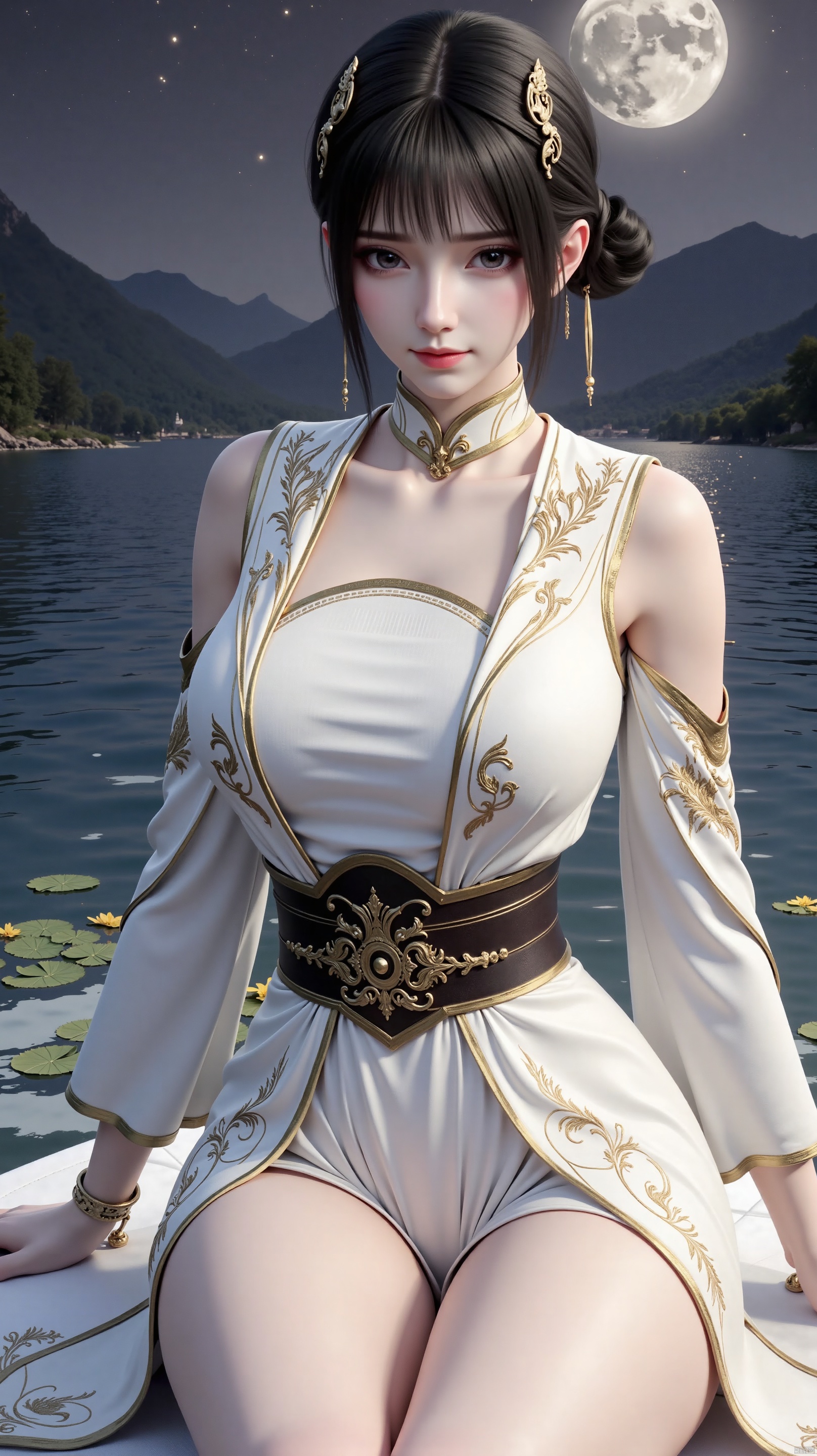 The image is a digital illustration of a young woman sitting on a boat in the middle of a lake. She is wearing a white and gold outfit with intricate gold embroidery on the bodice and skirt. The outfit has a high neckline and long sleeves, and she is also wearing a gold necklace and earrings. The woman has long dark hair styled in a high bun with gold accents. She has a serious expression on her face and is looking off to the side. The background shows a beautiful night sky with a full moon and a mountain range in the distance. The water is calm and there are lily pads floating on the surface of the water. The overall mood of the image is peaceful and serene.
