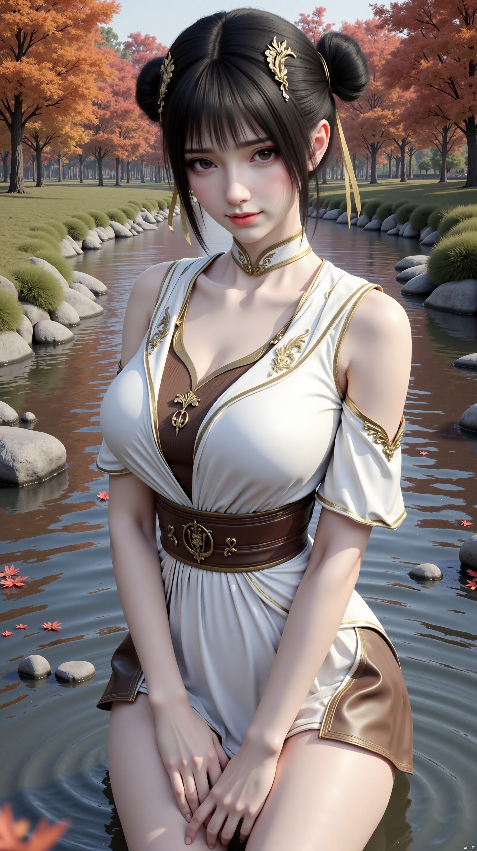 The image is a digital illustration of a young woman standing in a pond. She is wearing a white and brown outfit with a gold necklace and earrings. Her hair is styled in two high ponytails with gold accents. She has a serious expression on her face and is looking directly at the camera. The pond is surrounded by trees with orange and red leaves, and there are rocks and pebbles scattered around. The sky is blue and the overall mood of the image is peaceful and serene.