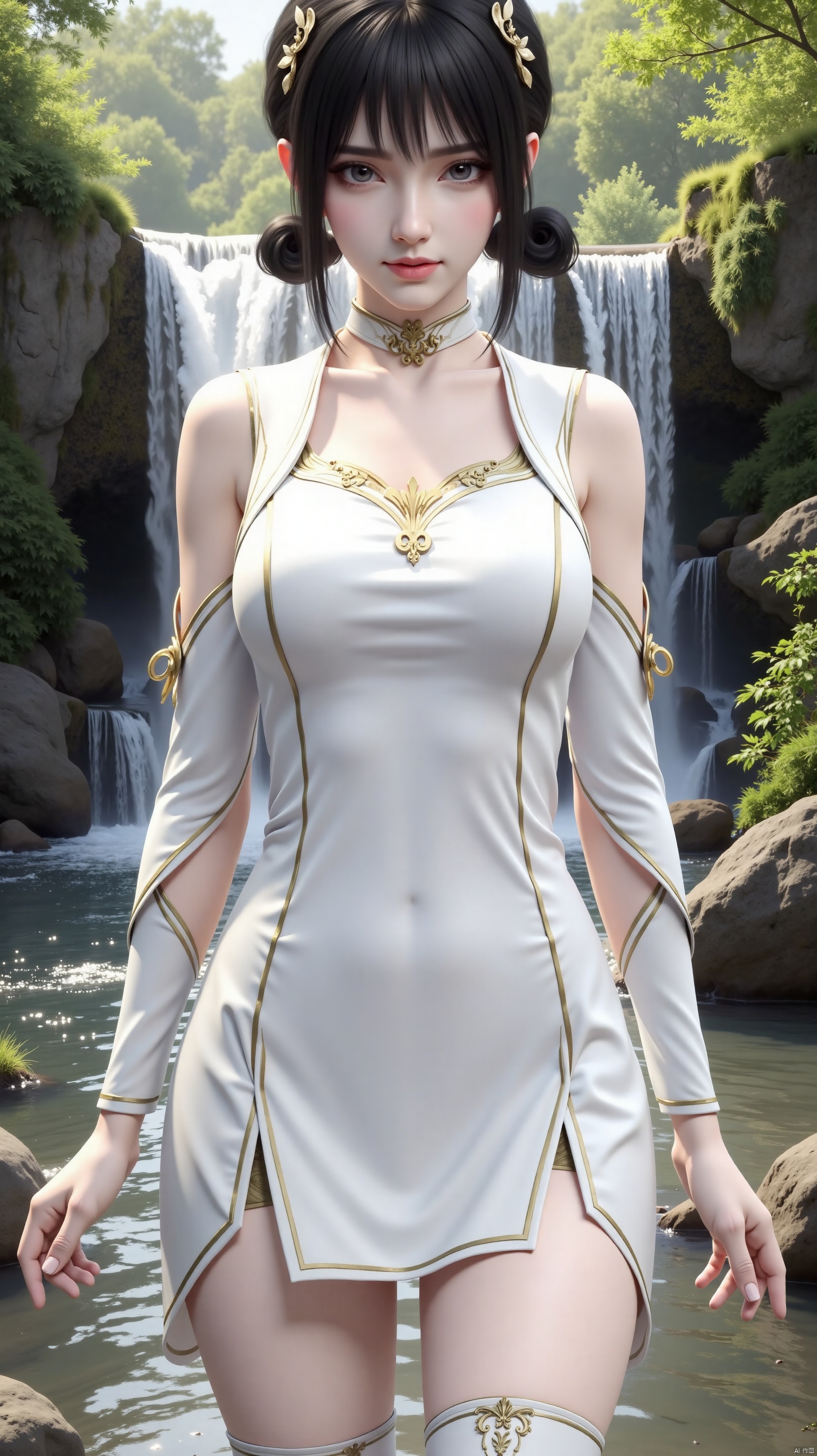 The image is a digital illustration of a young woman standing in front of a waterfall. She is wearing a white dress with gold accents and a choker necklace. The dress has a high neckline and long sleeves, and she is also wearing thigh-high boots. The woman has dark hair styled in two braids with gold hair clips on top. She has a serious expression on her face and is looking directly at the camera. The background of the image is filled with lush greenery, including trees, bushes, and rocks. The waterfall cascades down the rocks in the background, creating a beautiful and serene atmosphere.