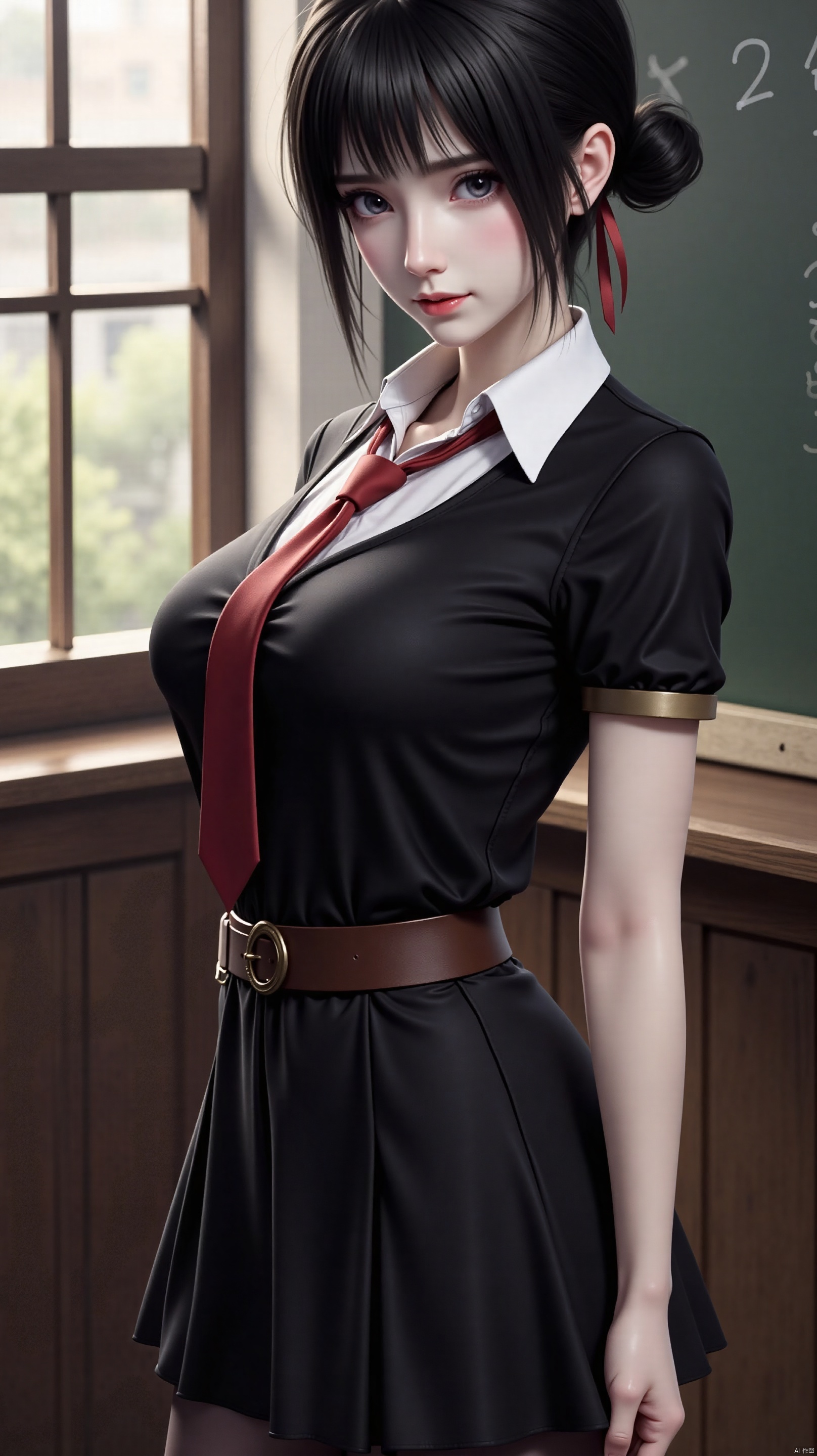 The image is a digital illustration of a young woman in a school uniform. She is standing in front of a window with a chalkboard in the background. The woman has dark hair styled in a high bun with bangs and is wearing a black blouse with a white collar and a red tie. She has a brown belt around her waist and is also wearing black tights. Her body is turned slightly to the side and she is looking directly at the camera with a serious expression. The overall mood of the image is serious and edgy.
