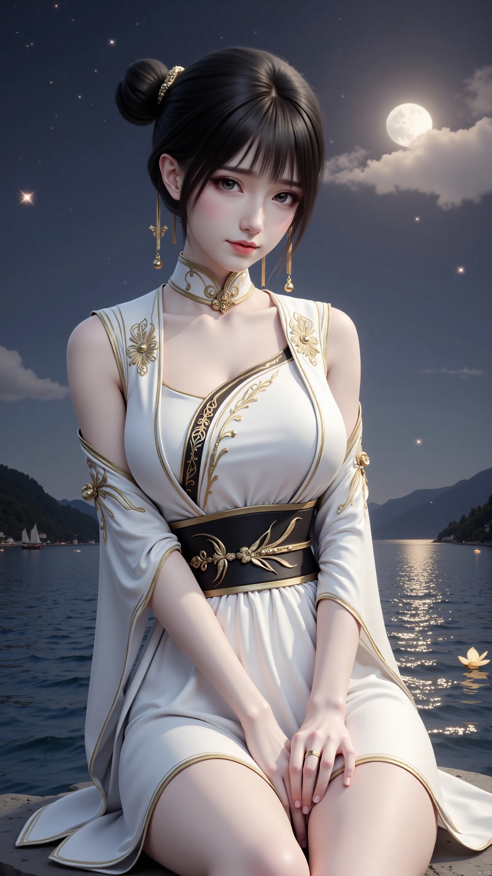 The image is a digital illustration of a young woman sitting on a rock by the water. She is wearing a white and gold dress with intricate gold embroidery and a black belt. Her hair is styled in a high ponytail with two gold earrings and she has a serious expression on her face. The background shows a beautiful night sky with a full moon and a shooting star. The water is calm and there are a few small boats floating on the surface. The overall mood of the image is peaceful and serene.