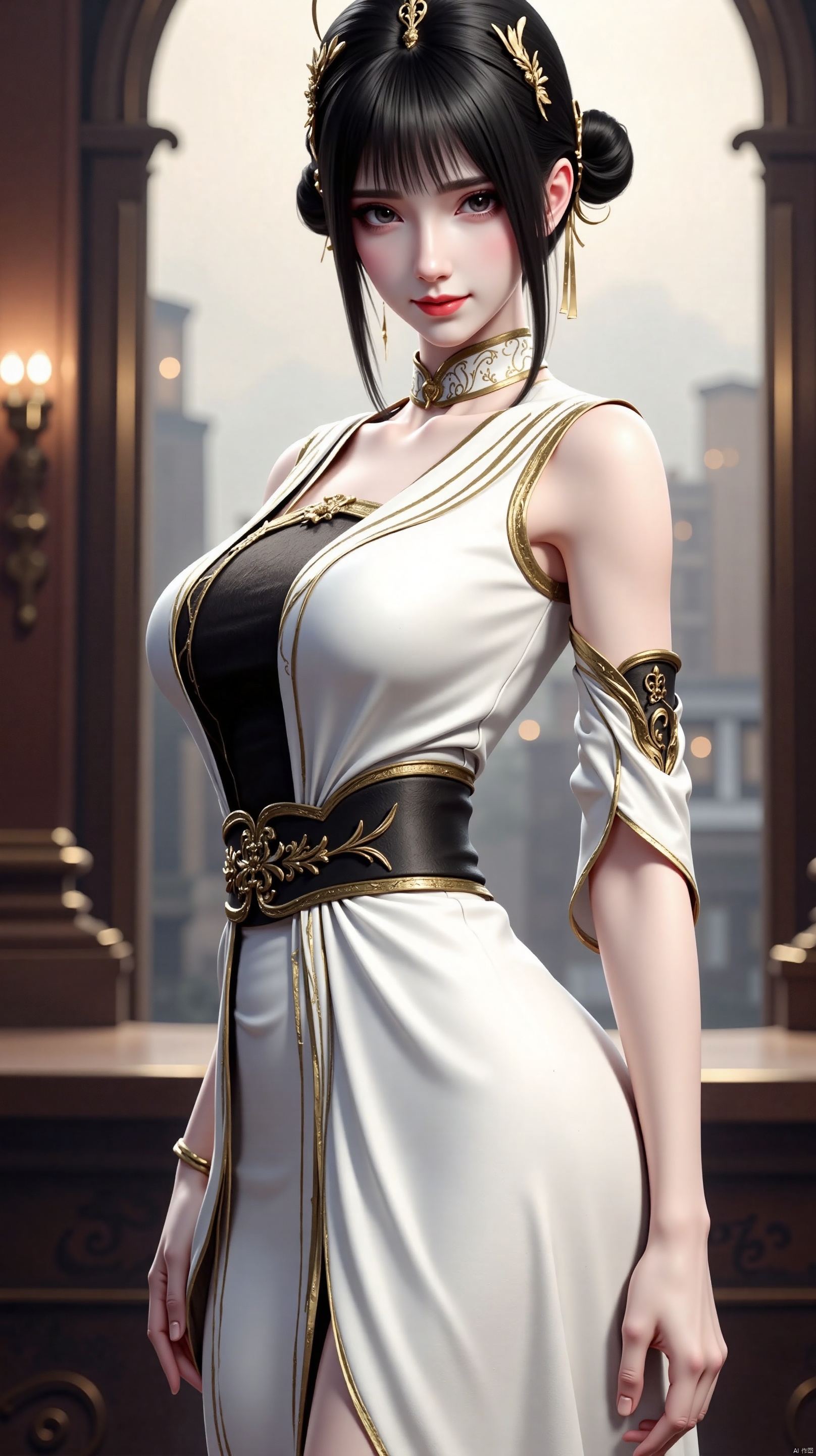 The image is a digital illustration of a young woman in a luxurious and elegant outfit. She is standing in front of a large window with a view of a city skyline in the background. The woman is wearing a white and gold dress with intricate gold designs on the bodice and skirt. She has long black hair styled in a high bun with a gold headpiece on top. Her makeup is dramatic and dramatic, with dark eyeliner and red lipstick. She appears to be posing for the camera with a serious expression on her face. The overall mood of the image is dark and mysterious.
