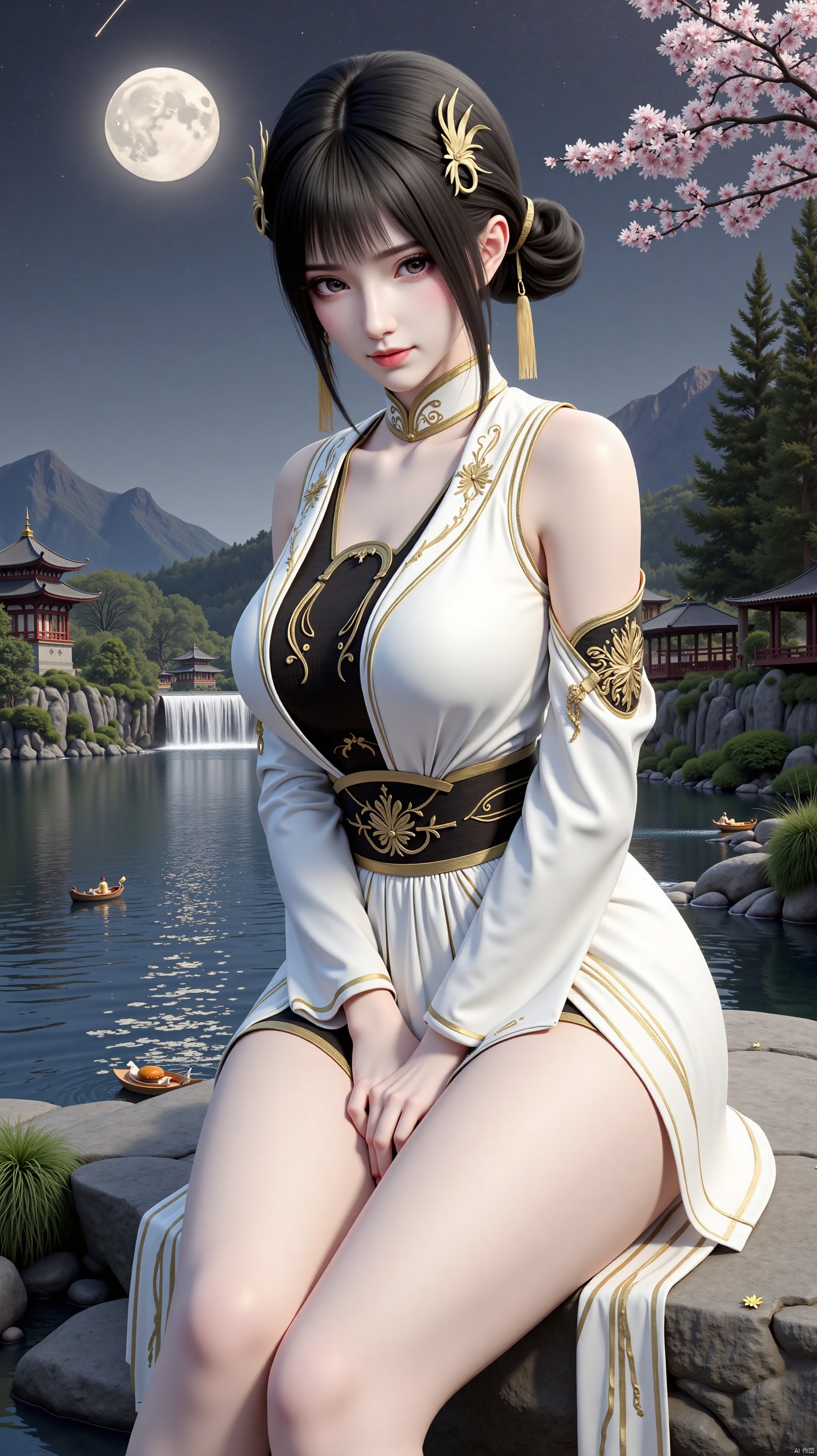 The image is a digital illustration of a young woman sitting on a rock in a beautiful Japanese garden. She is wearing a white and gold outfit with intricate gold embroidery and a long skirt. Her hair is styled in two braids with gold accents and she has a serious expression on her face. In the background, there is a waterfall cascading down a rocky cliff and a pagoda-like structure. The garden is filled with lush greenery and trees, creating a peaceful and serene atmosphere. The overall mood of the image is elegant and luxurious.
In the background, there is a beautiful landscape of a lake with mountains and a full moon in the sky. The lake is surrounded by trees and there are small boats floating on the water's surface. The sky is filled with stars and a shooting star is visible in the top left corner of the image. The overall mood of the illustration is peaceful and serene.