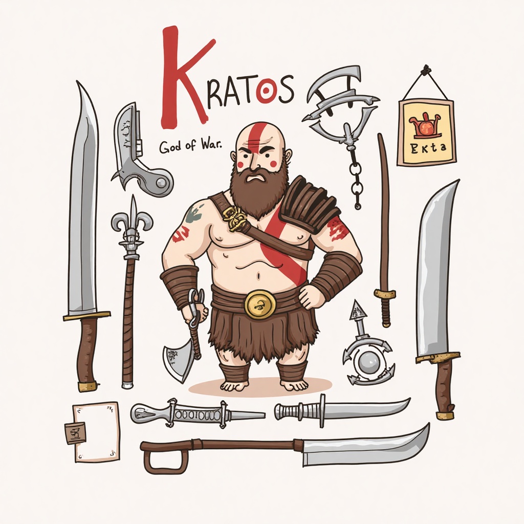 surrounded_style,  A cartoon illustration featuring a kratos god of war,  surrounded by various weapon on Tensor.Art
