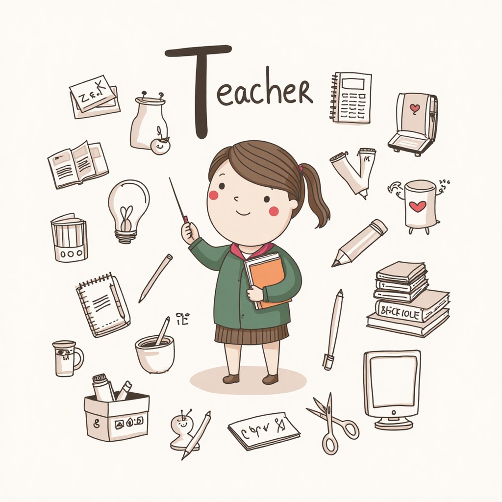 surrounded_style,  A cartoon illustration featuring a teacher,  surrounded by various stationery on Tensor.Art