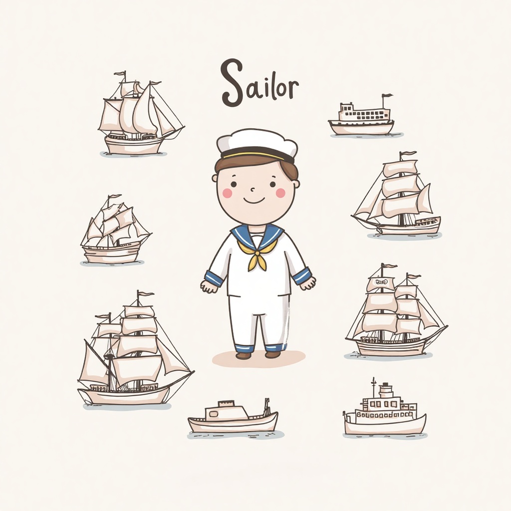 surrounded_style,  A cartoon illustration featuring a sailor,  surrounded by various ship on Tensor.Art