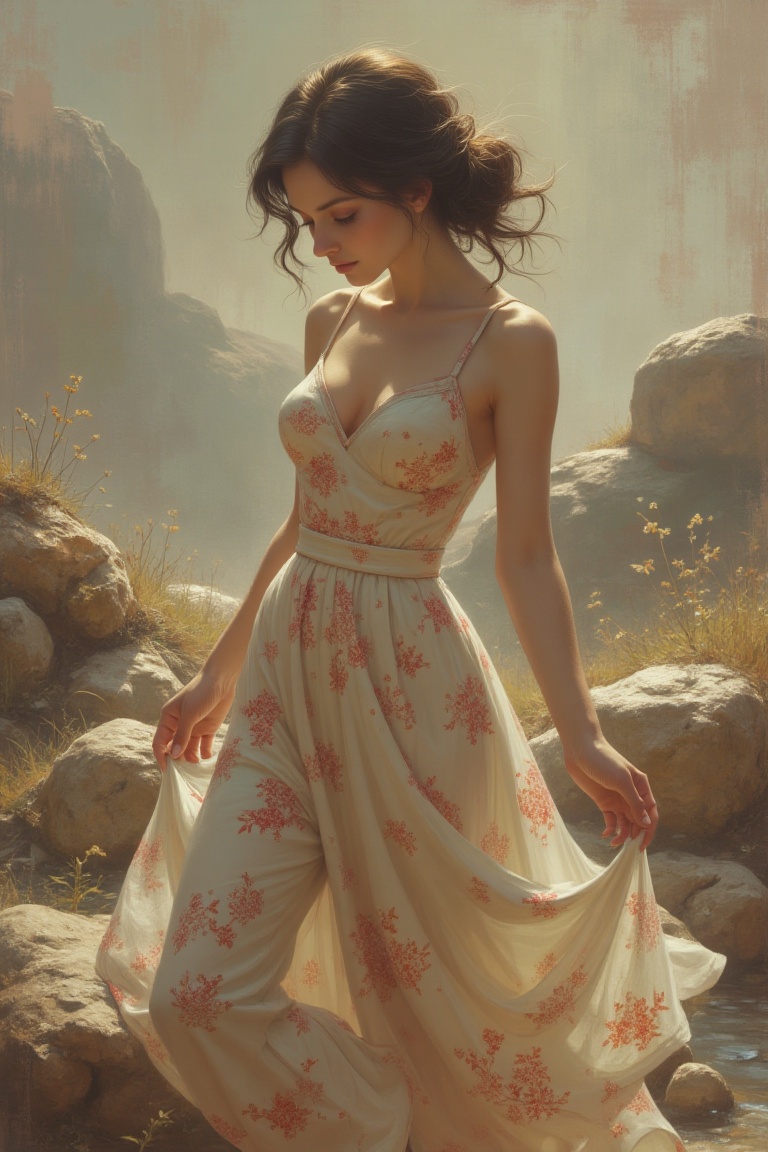 A Kris Knight-inspired street art style scene featuring a woman in a dreamlike,  surreal setting. The woman,  mid-30s on T...