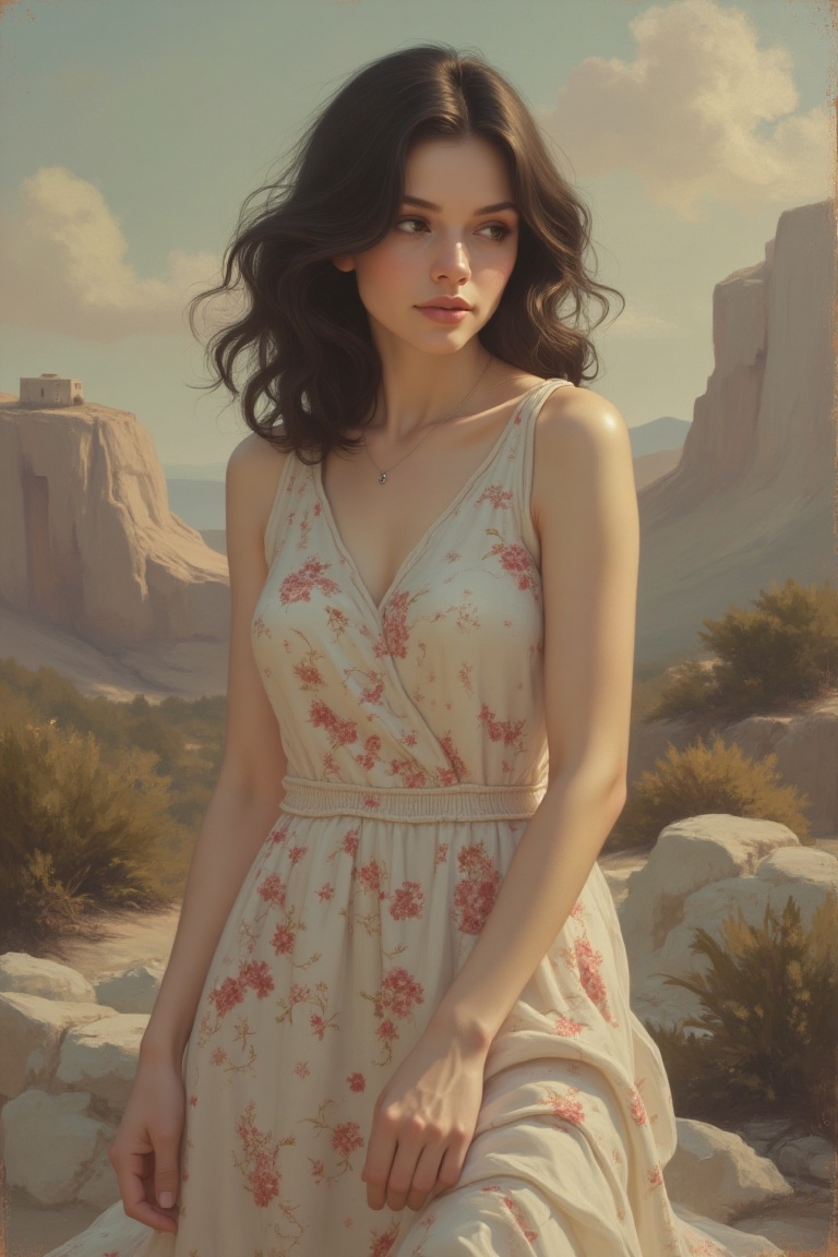 A Kris Knight-inspired street art style scene featuring a woman in a dreamlike,  surreal setting. The woman,  mid-30s on T...