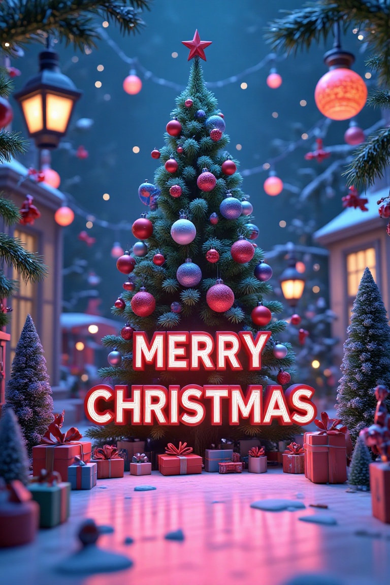 A vibrant 3D advertisement visual design featuring a festive scene with a towering Christmas tree adorned with colorful or...