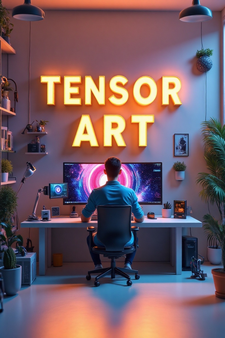 A dynamic 3D advertisement visual design showcasing a modern workspace with a human figure seated at a sleek computer,  sy...
