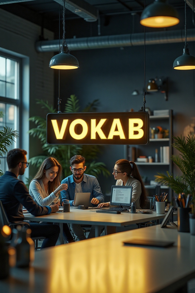 A striking 3D advertisement visual design featuring a group of professionals collaborating in a sleek,  modern office sett...