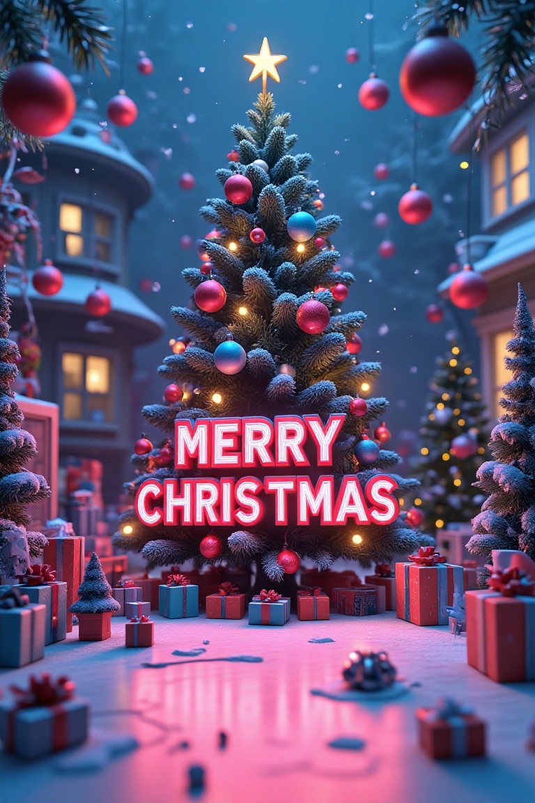A vibrant 3D advertisement visual design featuring a festive scene with a towering Christmas tree adorned with colorful or...