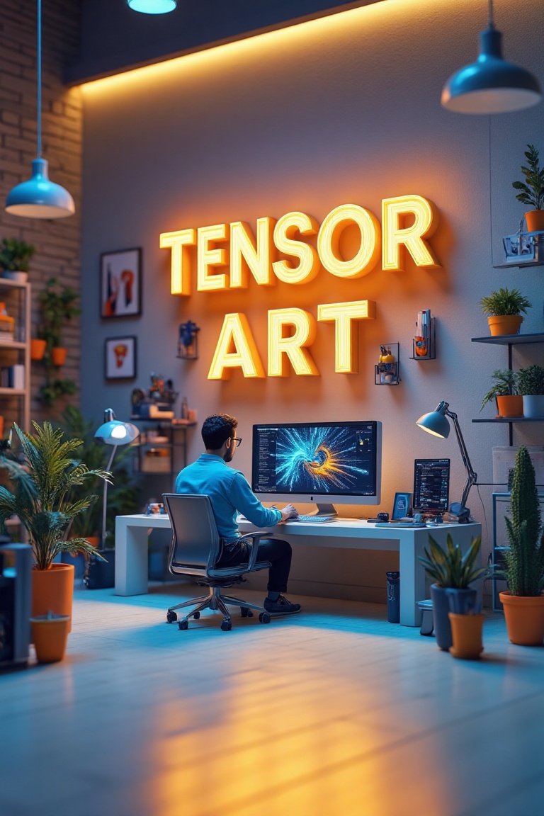 A dynamic 3D advertisement visual design showcasing a modern workspace with a human figure seated at a sleek computer,  sy...