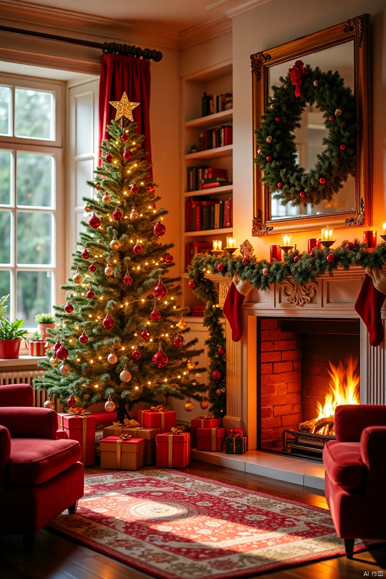 A house with Christmas decorations, including a Christmas tree, ornaments, gift boxes, armchairs, and a close-up of the fireplace,