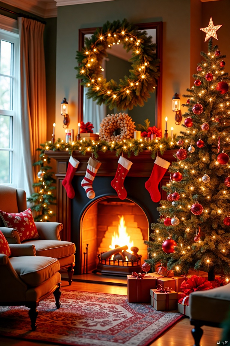 A house with Christmas decorations, including a Christmas tree, ornaments, gift boxes, armchairs, and a close-up of the fireplace