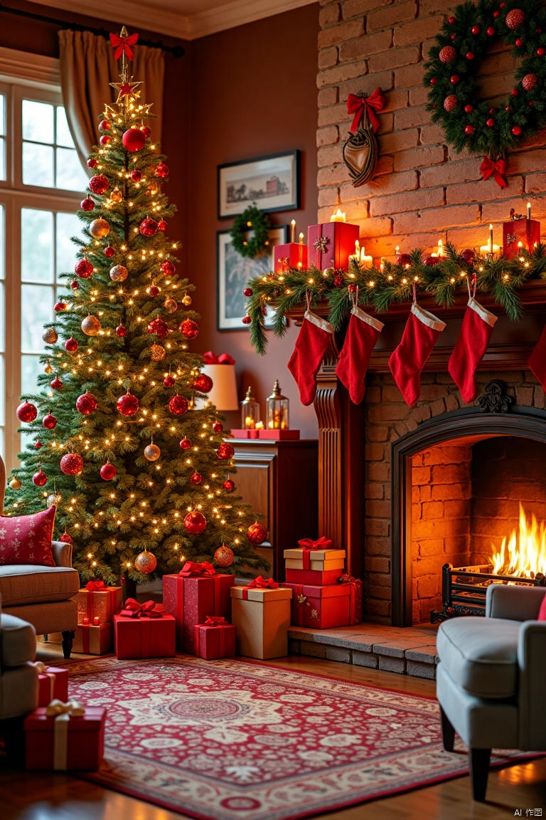 A house with Christmas decorations, including a Christmas tree, ornaments, gift boxes, armchairs, and a close-up of the fireplace,