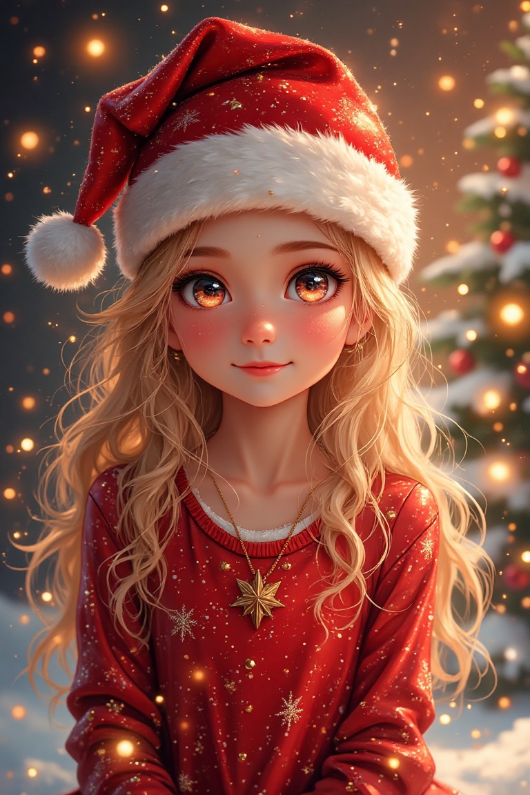 A glossy,  sparkling image of a cute blonde girl wearing a shiny red Santa hat,  standing in a festive setting with soft o...