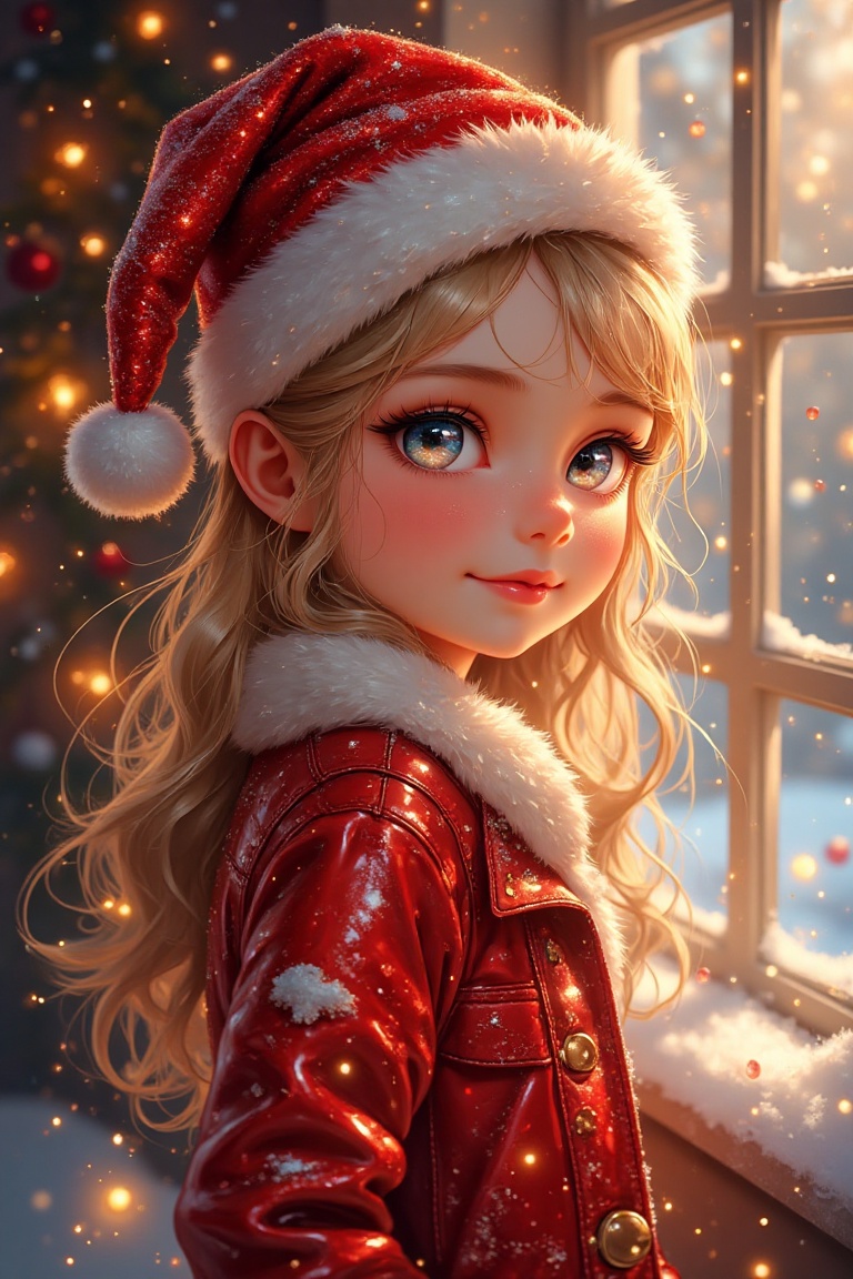 A glossy,  sparkling image of a cute blonde girl wearing a shiny red Santa hat,  standing in a festive setting with soft o...
