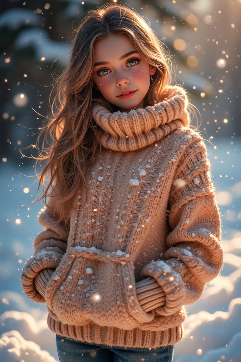 A glossy,  sparkling image of a girl wearing a cozy,  shiny sweater in a snowy winter setting. The scene is illuminated wi...
