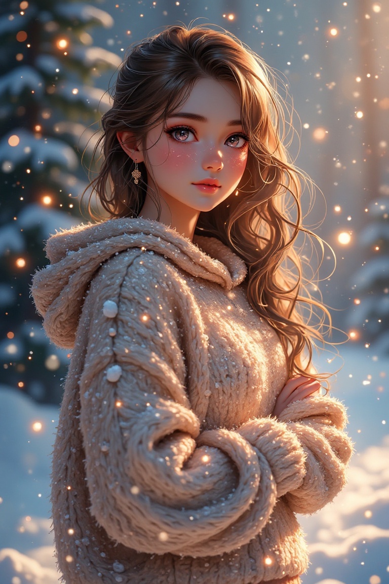 A glossy,  sparkling image of a girl wearing a cozy,  shiny sweater in a snowy winter setting. The scene is illuminated wi...