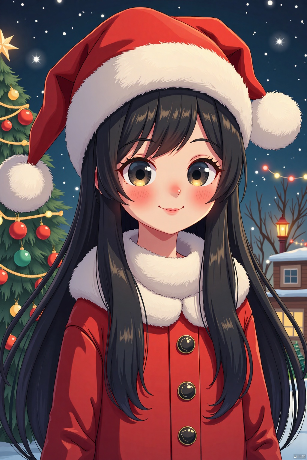 That Christmas night, a girl with long black hair, wearing a furry hat, two fur balls hanging on the hat, a black long-haired girl a Santa hat