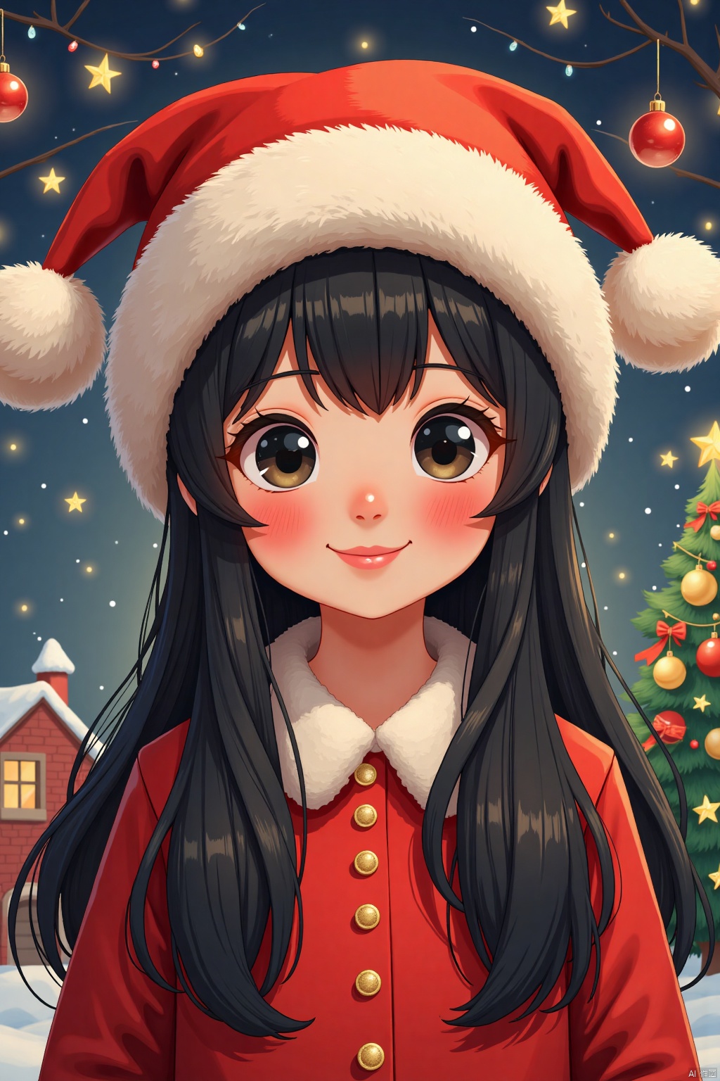 That Christmas Eve, a Chinese girl with long black hair, wearing a fluffy hat with two dangling pom-poms, was standing in front of a tree.