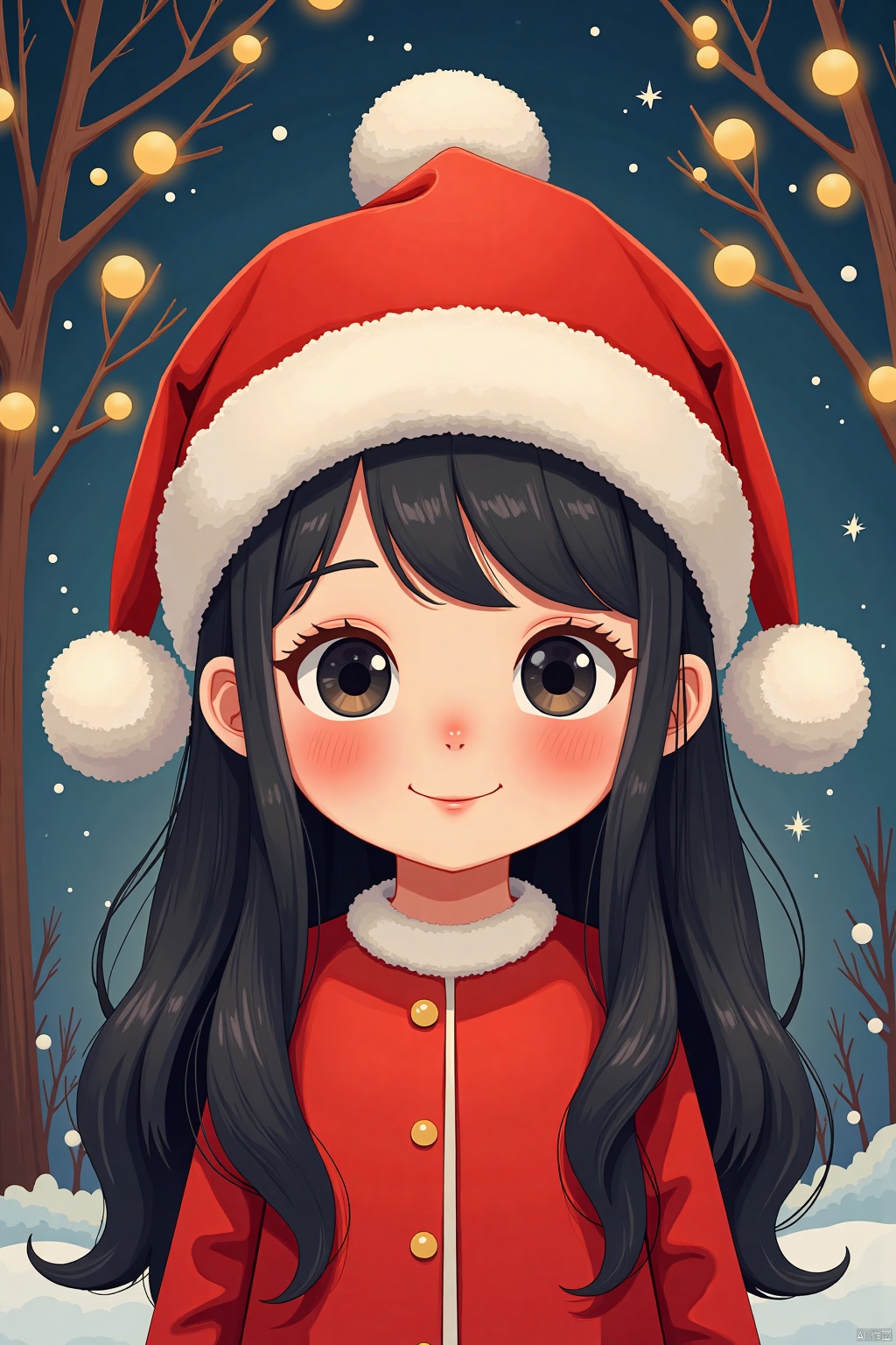 That Christmas Eve, a Chinese girl with long black hair, wearing a fluffy hat with two dangling pom-poms, was standing in front of a tree.