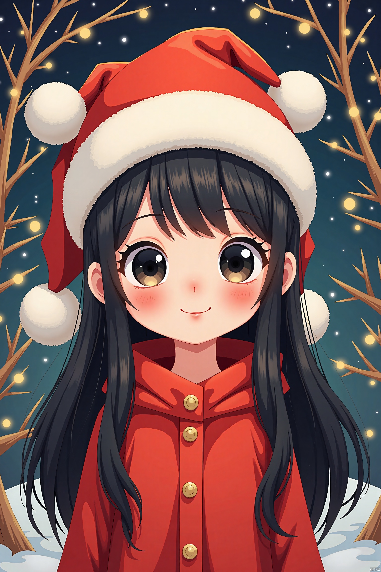That Christmas Eve, a Chinese girl with long black hair, wearing a fluffy hat with two dangling pom-poms, was standing in front of a tree.